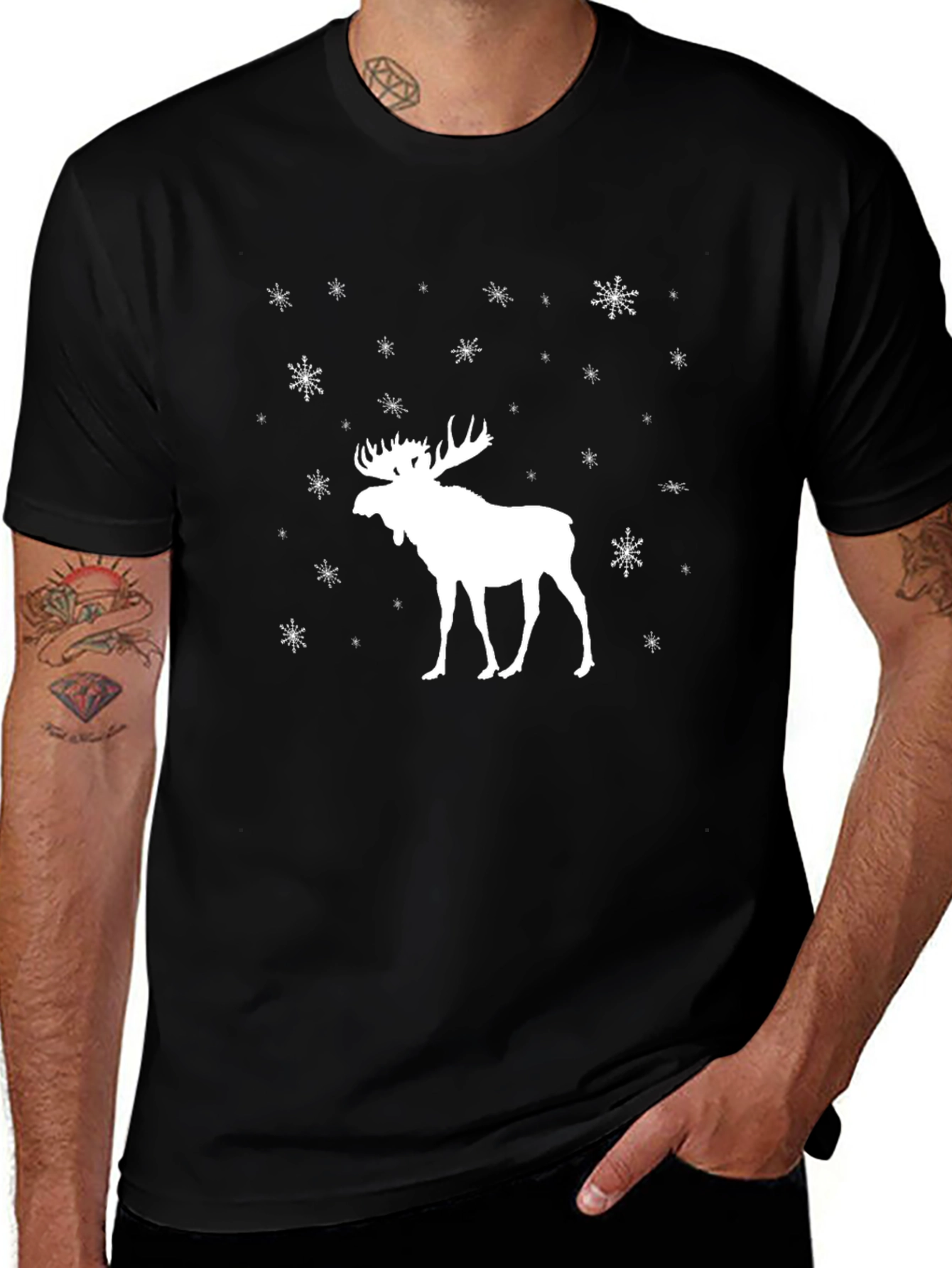 Mens Black Moose & Snowflake Graphic Tee