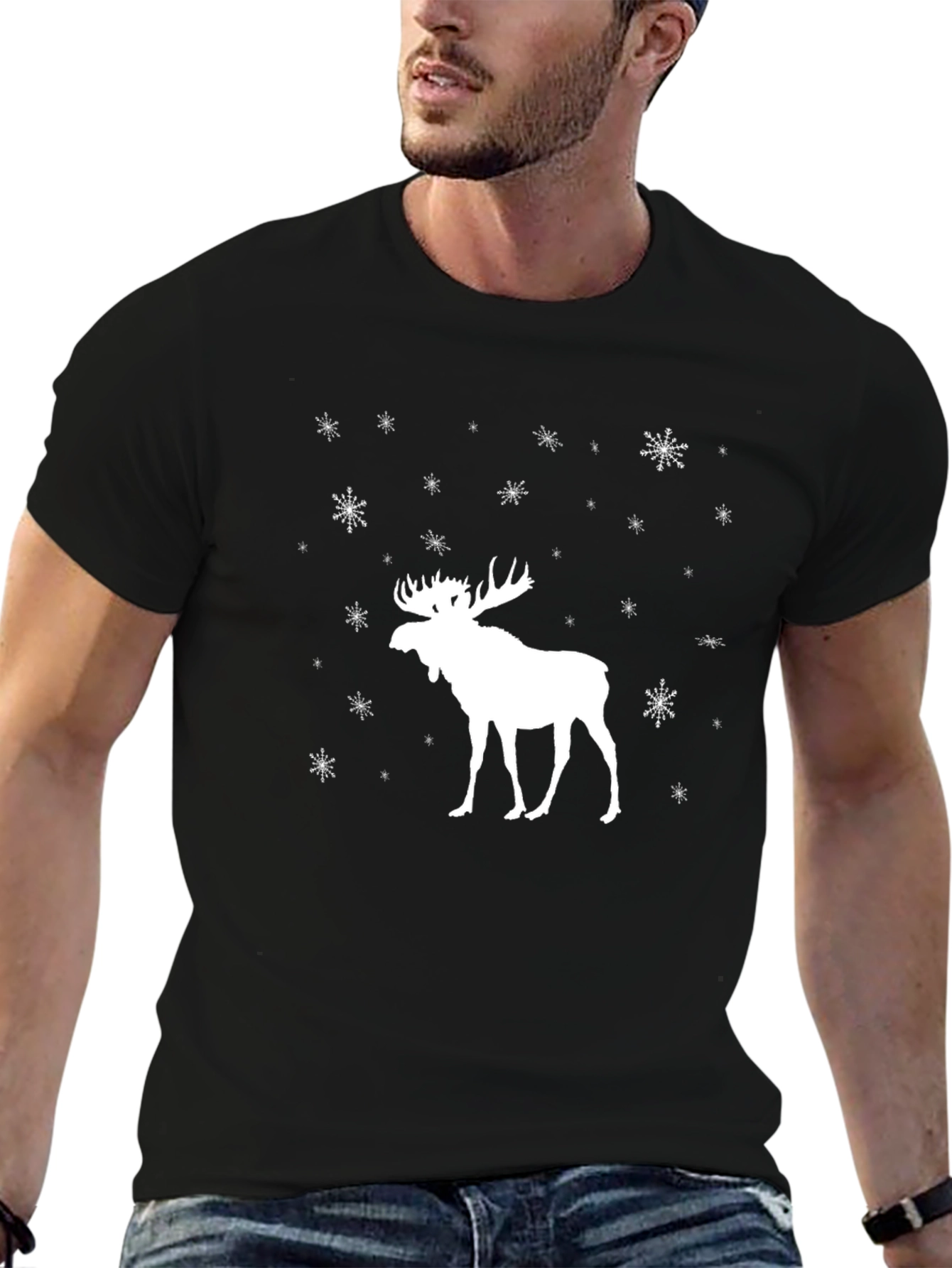 Mens Black Moose & Snowflake Graphic Tee