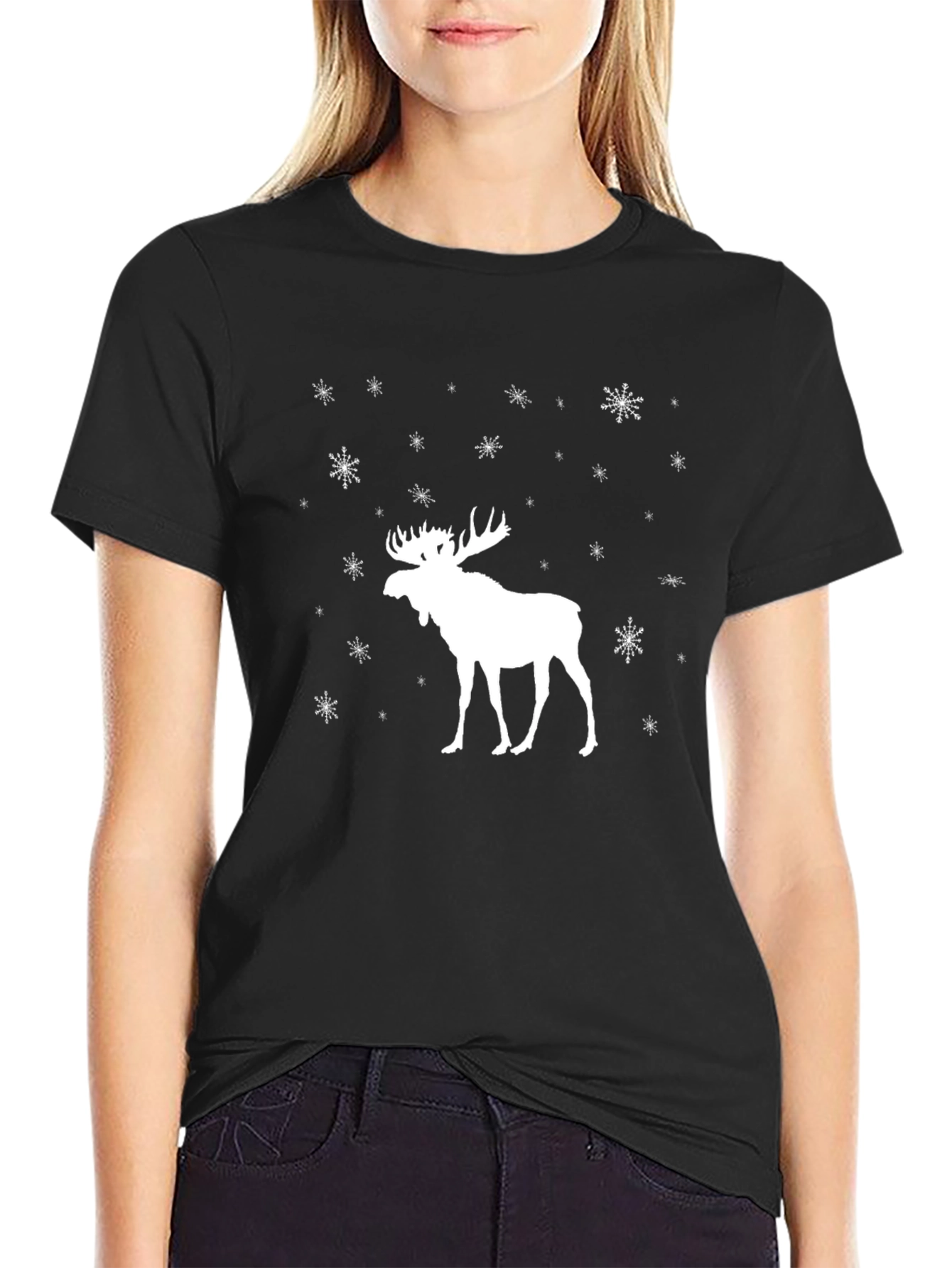 Mens Black Moose & Snowflake Graphic Tee