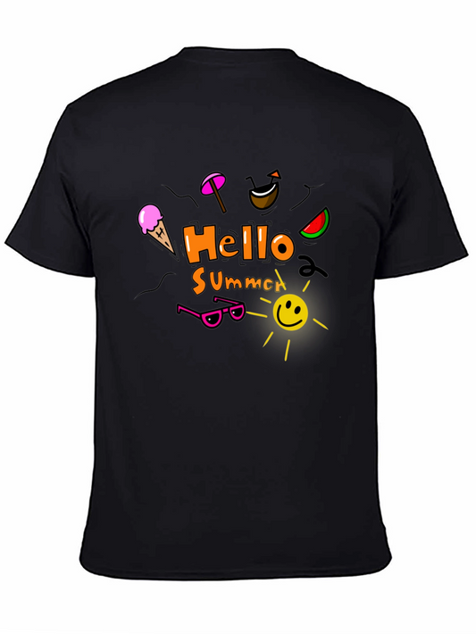 Hello Summer Graphic Tee - Mens Black Cotton T-Shirt