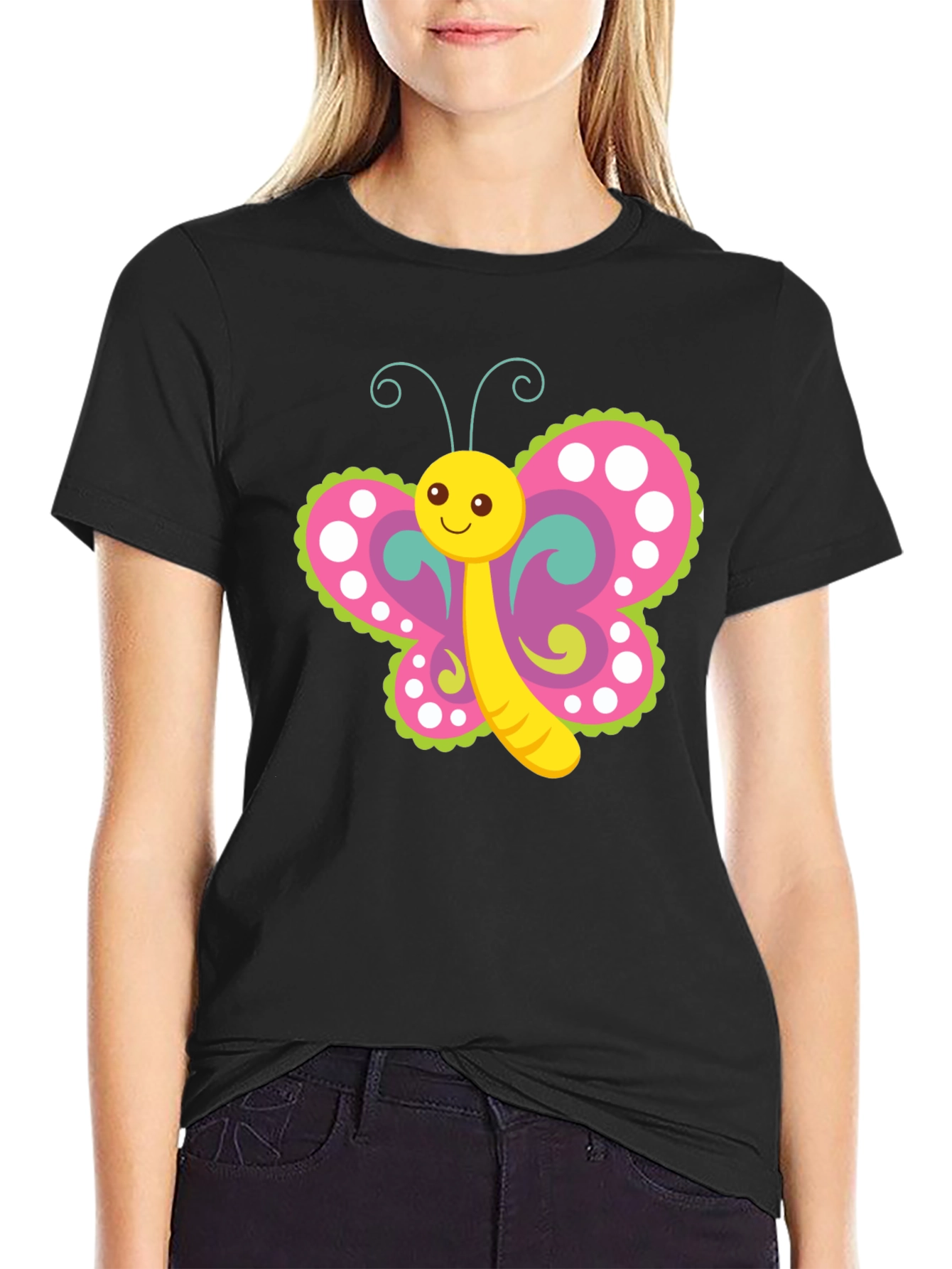 Cute Butterfly Graphic T-Shirt - Black