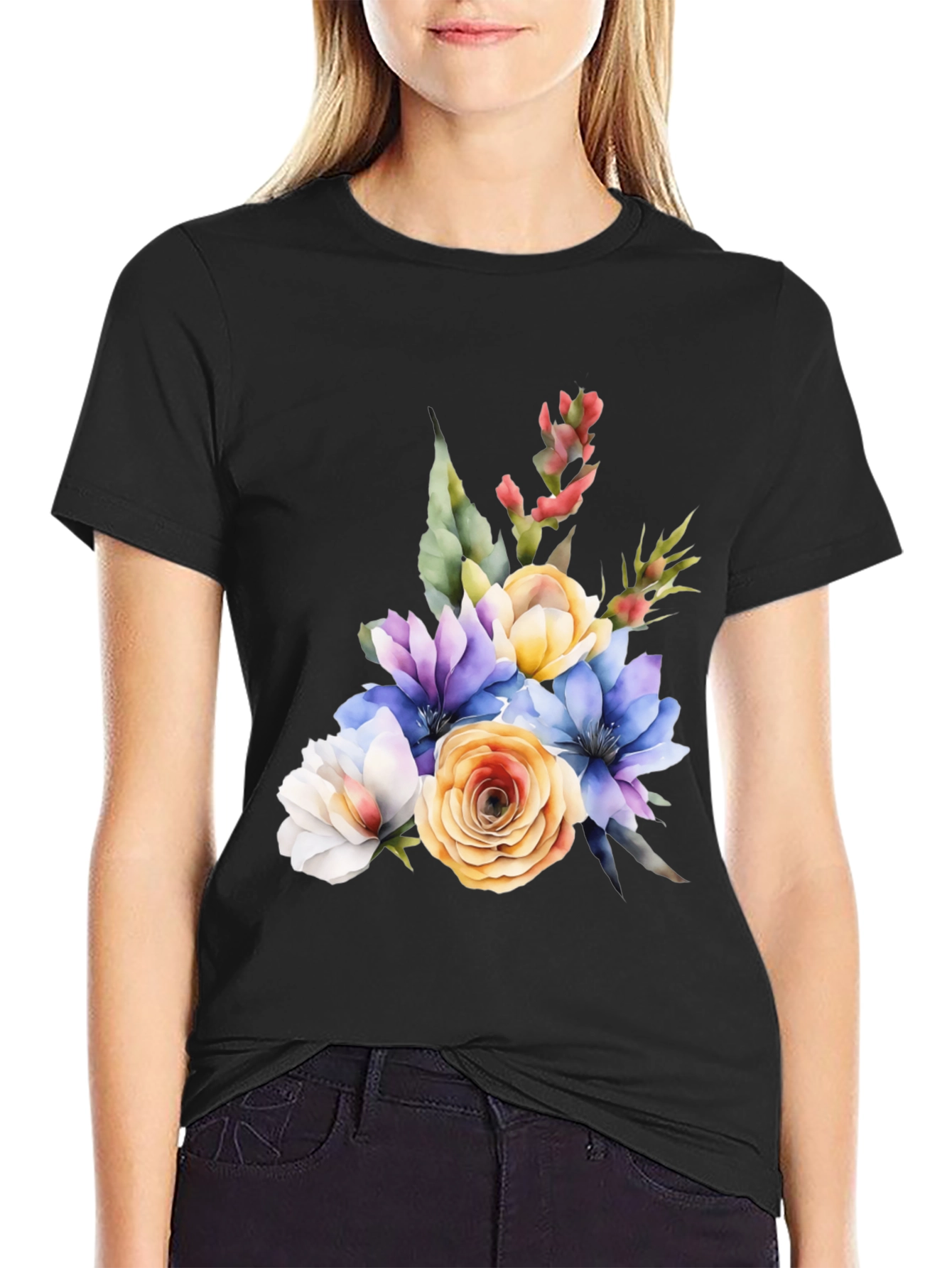 Floral Bouquet Graphic Black T-Shirt