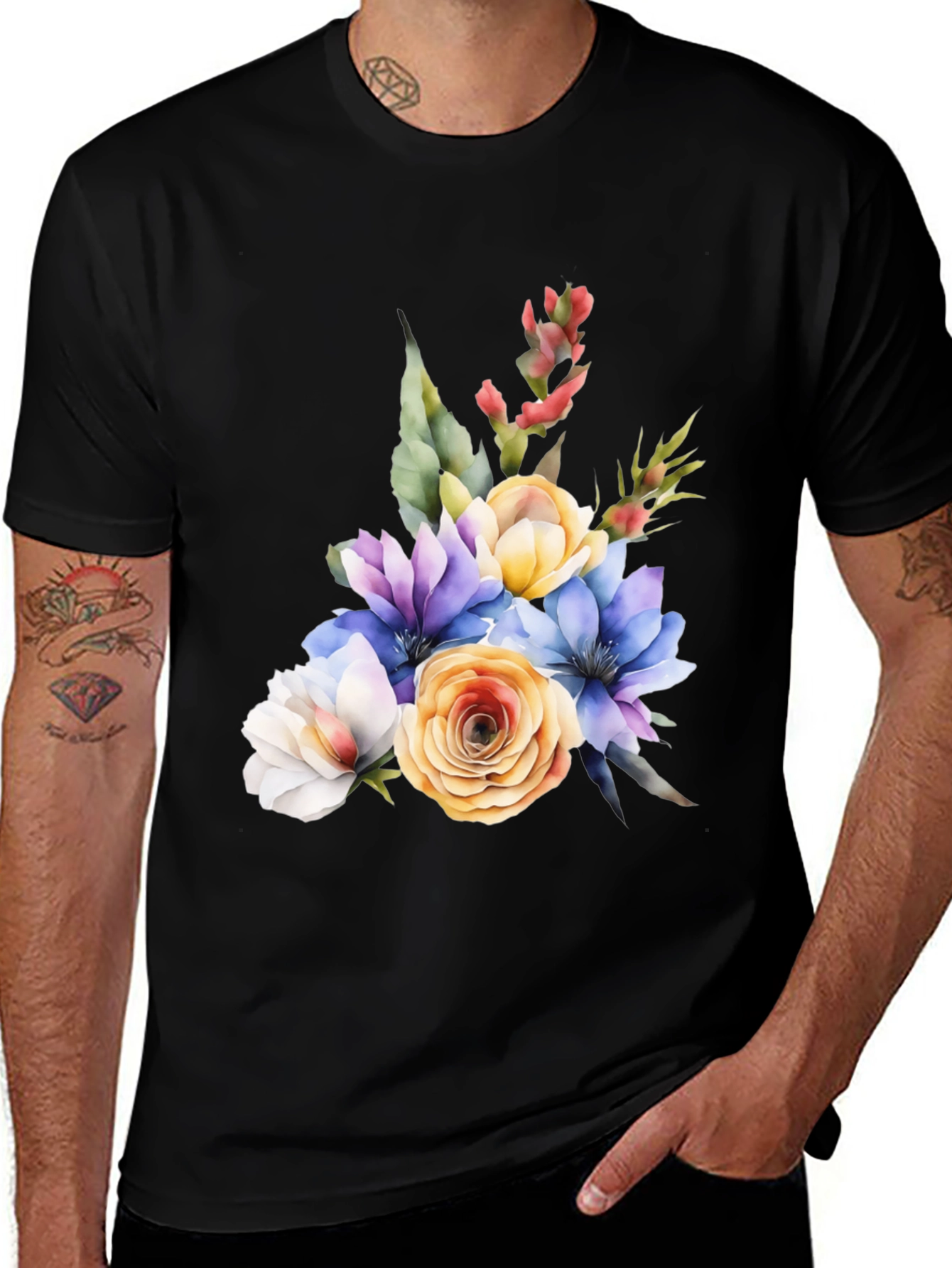 Floral Bouquet Graphic Black T-Shirt