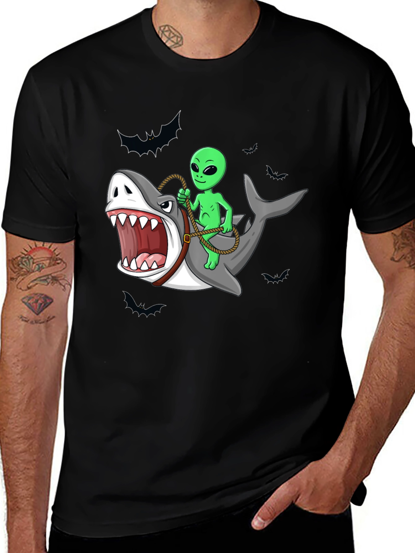 Alien Riding Shark Funny Graphic Tee