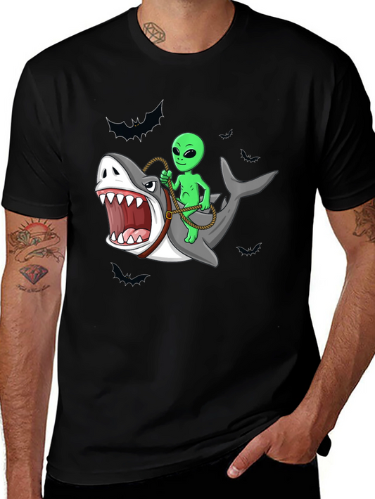 Alien Riding Shark Funny Graphic Tee