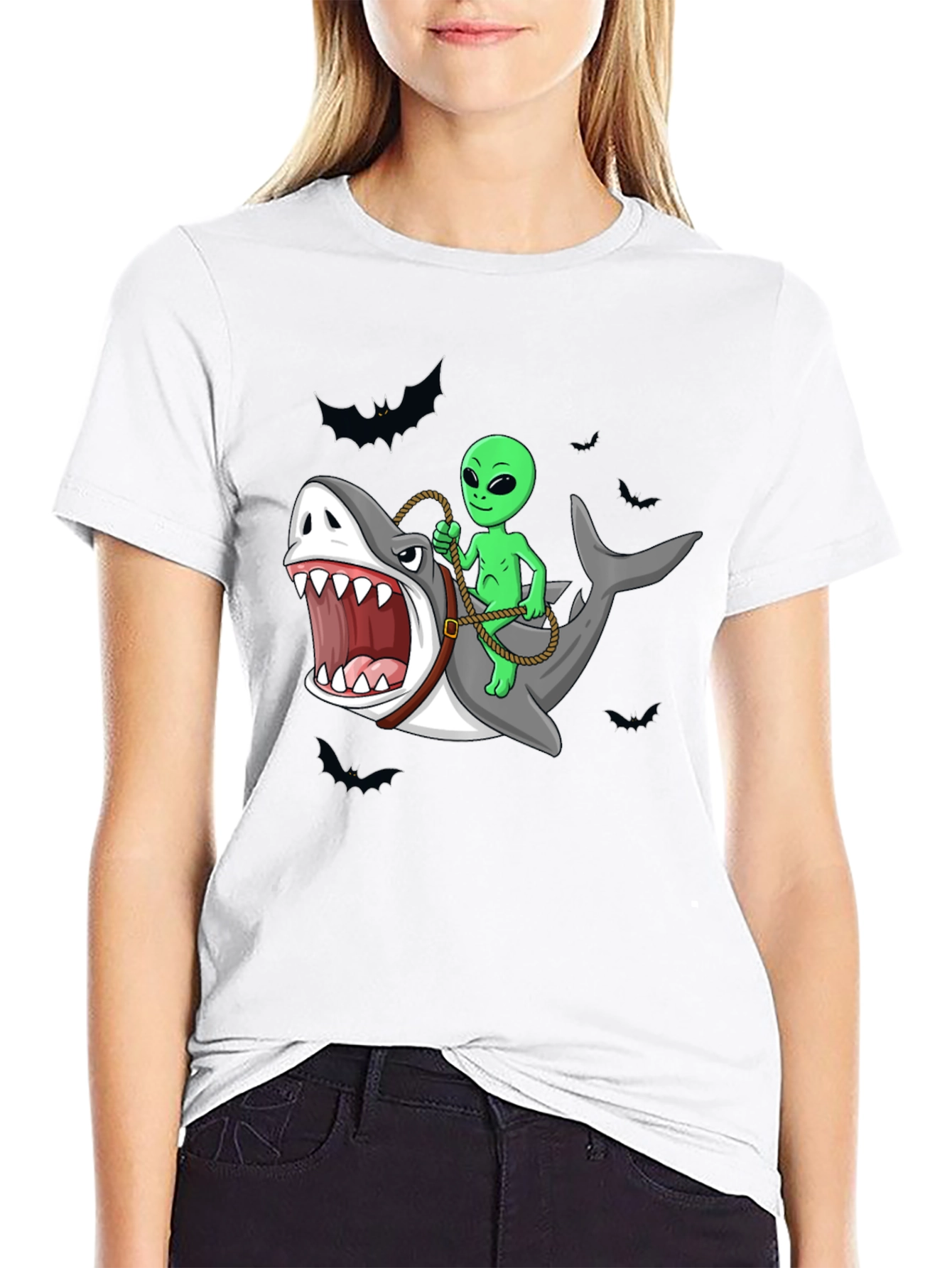 Alien Riding Shark Funny Graphic Tee