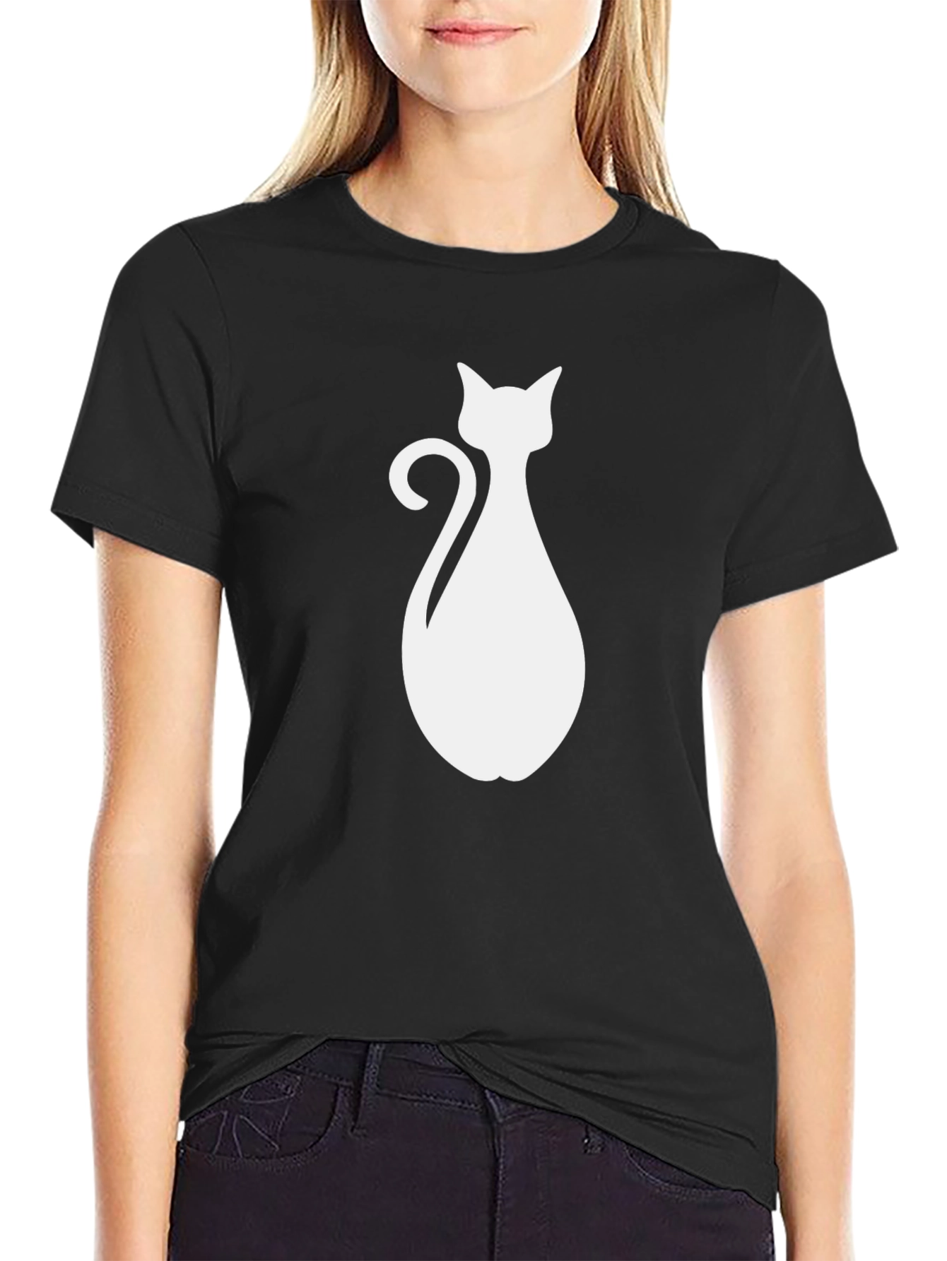 Cat Silhouette Graphic T-Shirt - Black