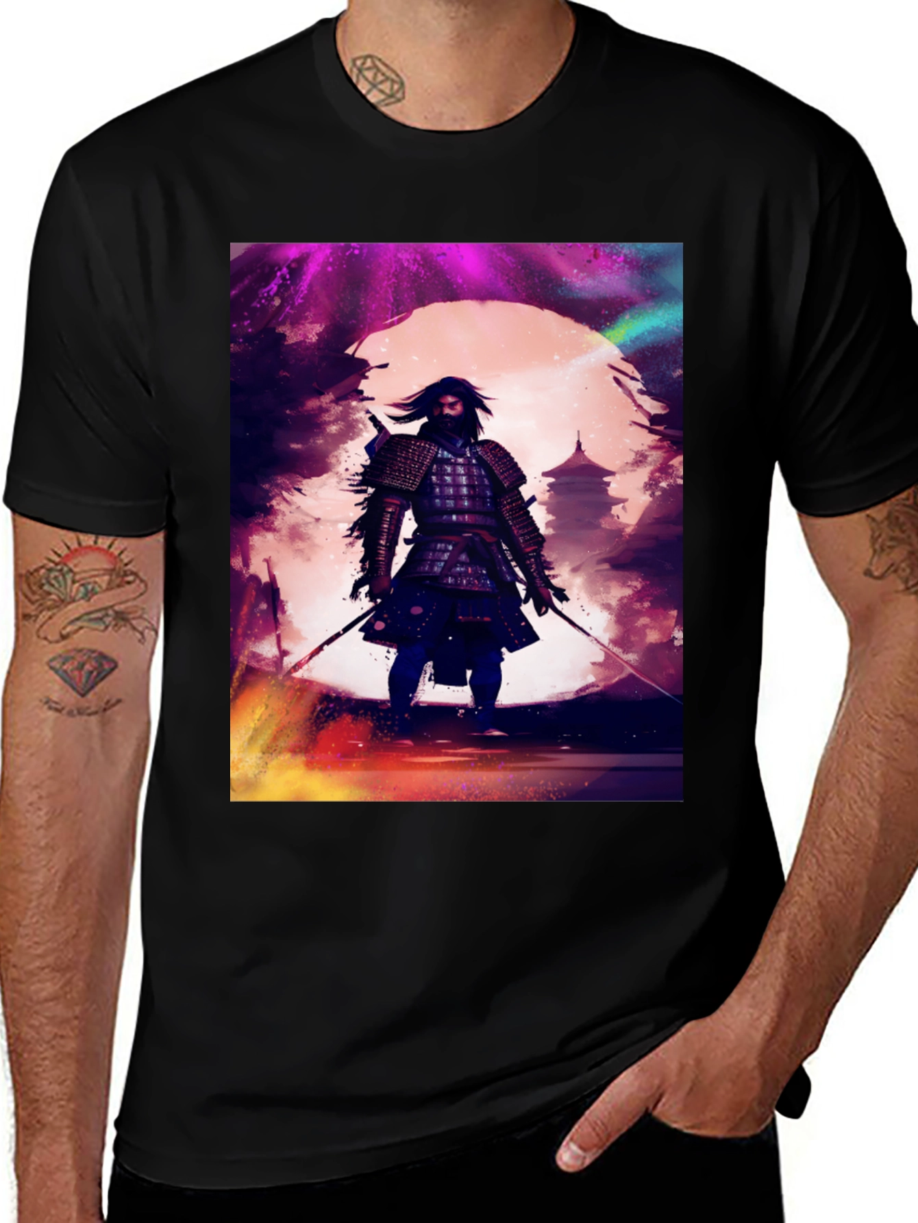 Samurai Warrior Graphic Tee - Black Cotton T-Shirt