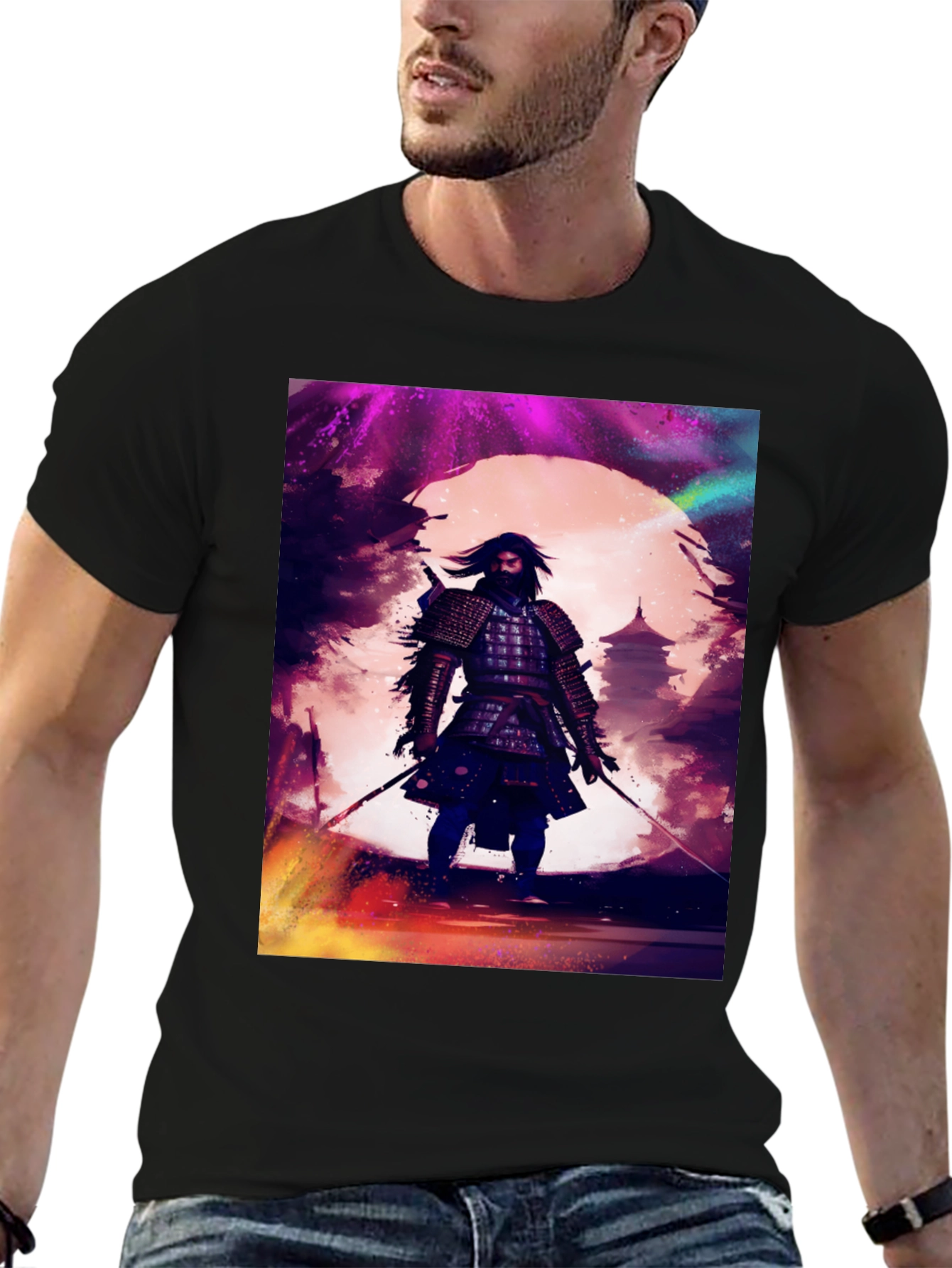 Samurai Warrior Graphic Tee - Black Cotton T-Shirt