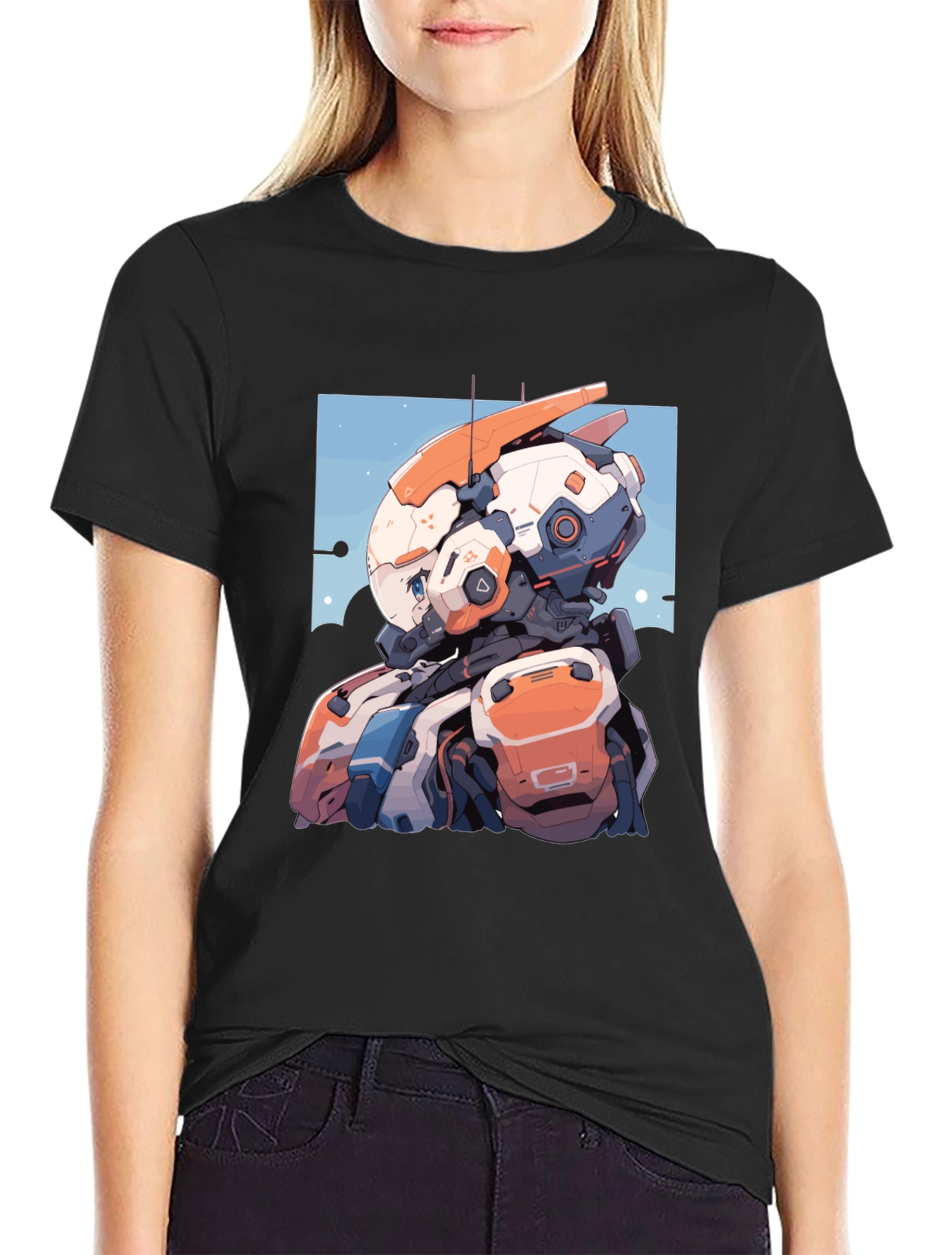 Anime Robot Graphic Tee - Stylish Black T-Shirt