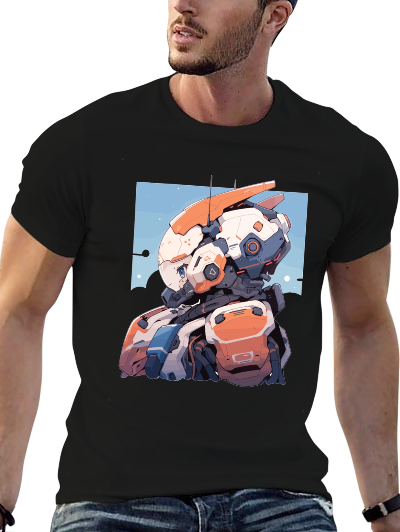 Anime Robot Graphic Tee - Stylish Black T-Shirt