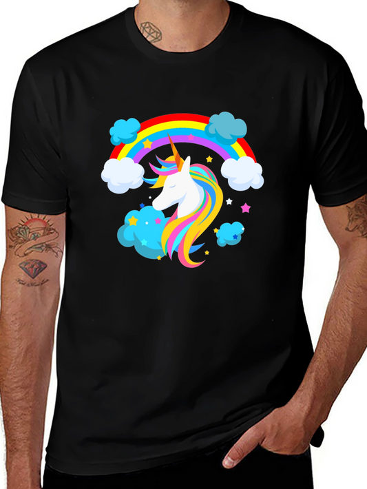 Unicorn Rainbow Graphic Tee - Black Cotton Blend Shirt