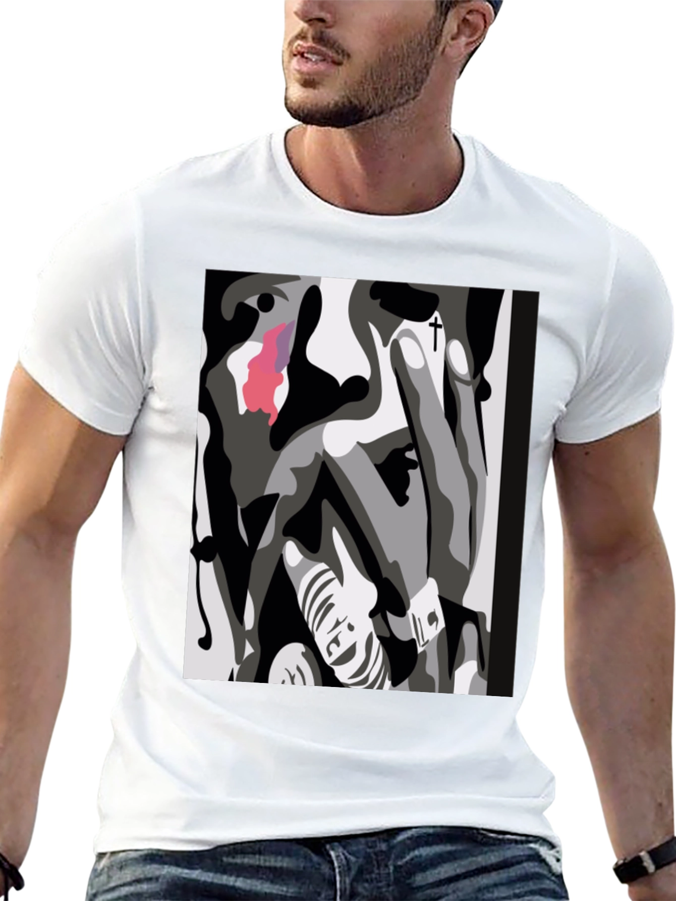Abstract Face Graphic Print Black T-Shirt