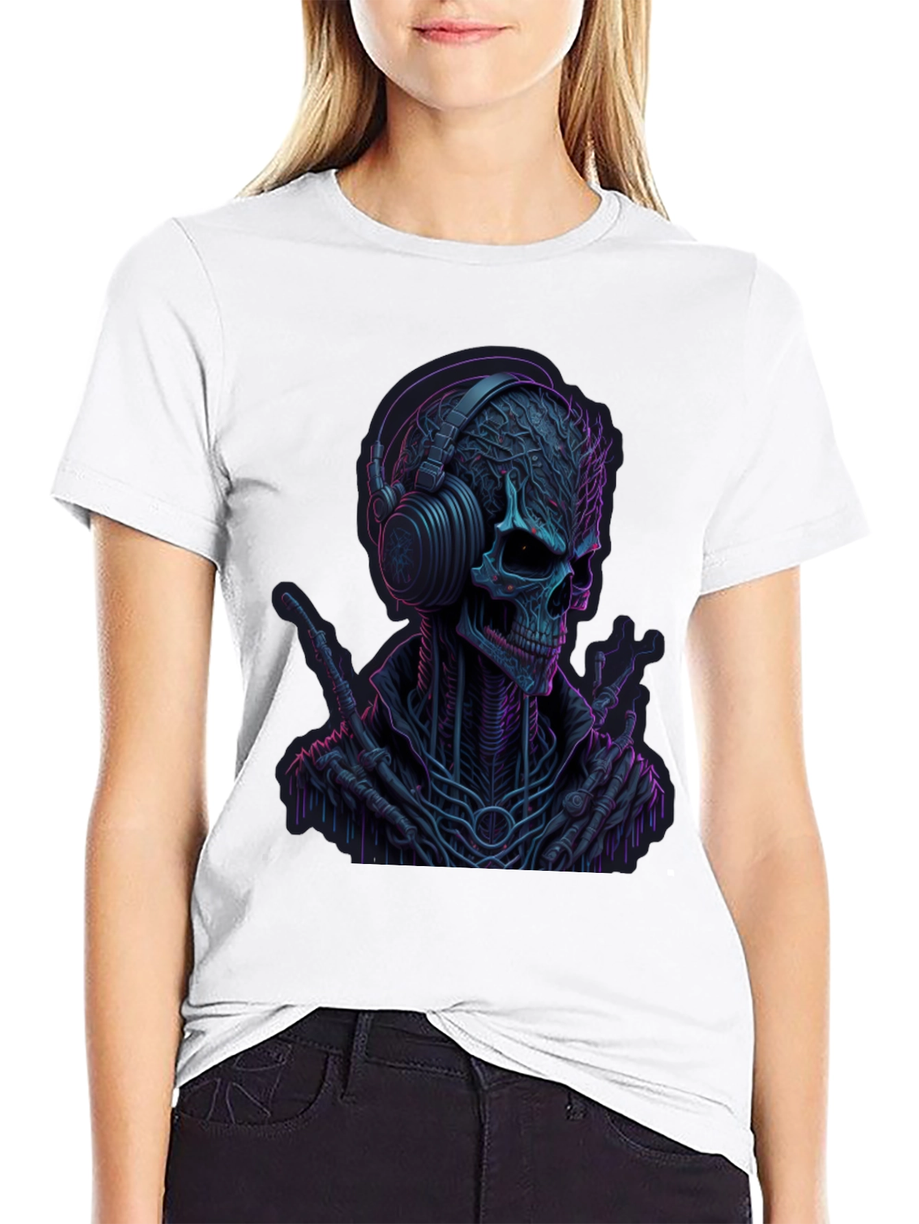 Neon Skull Headphones Graphic Tee - Darkwave Style