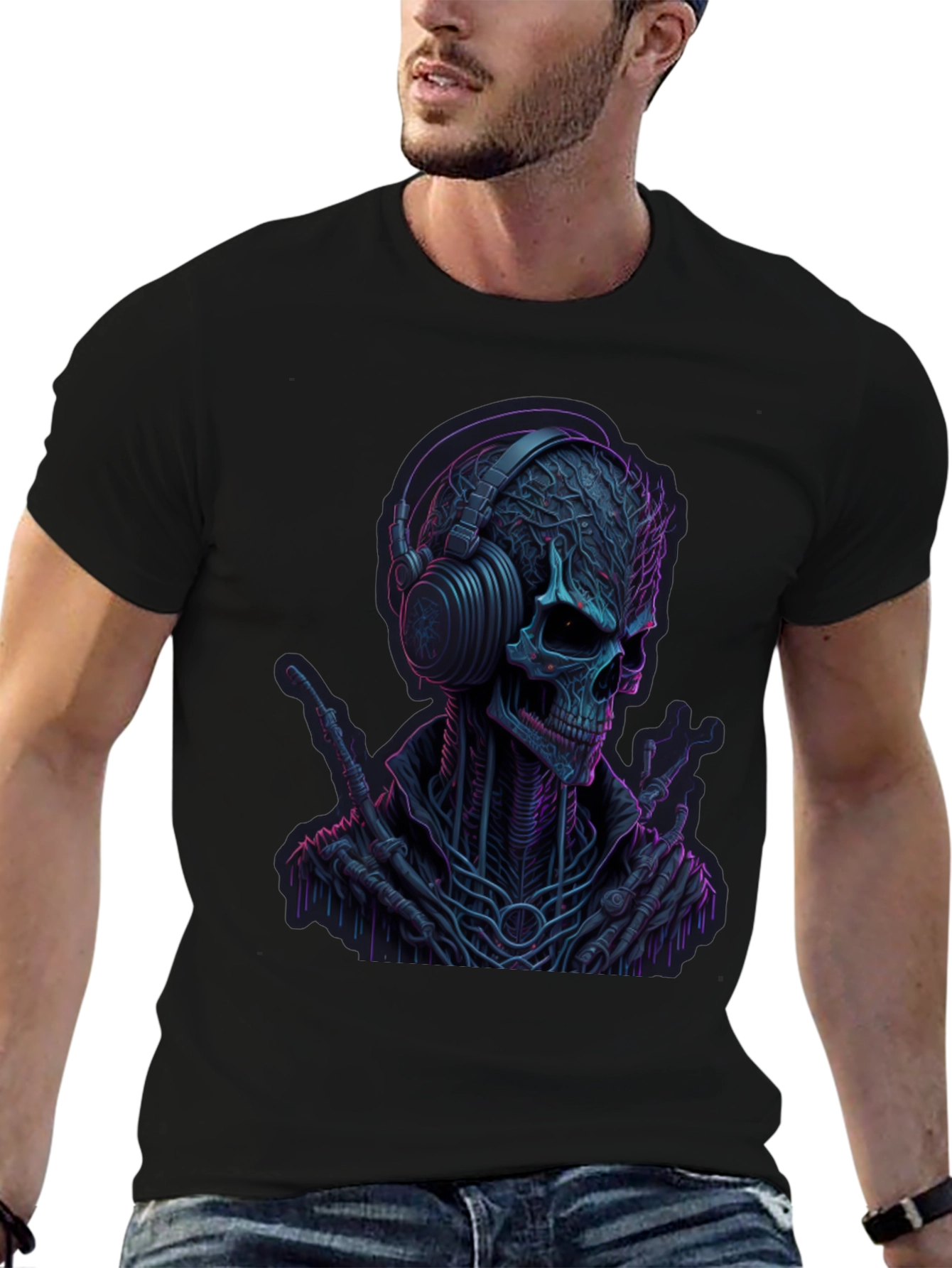 Neon Skull Headphones Graphic Tee - Darkwave Style