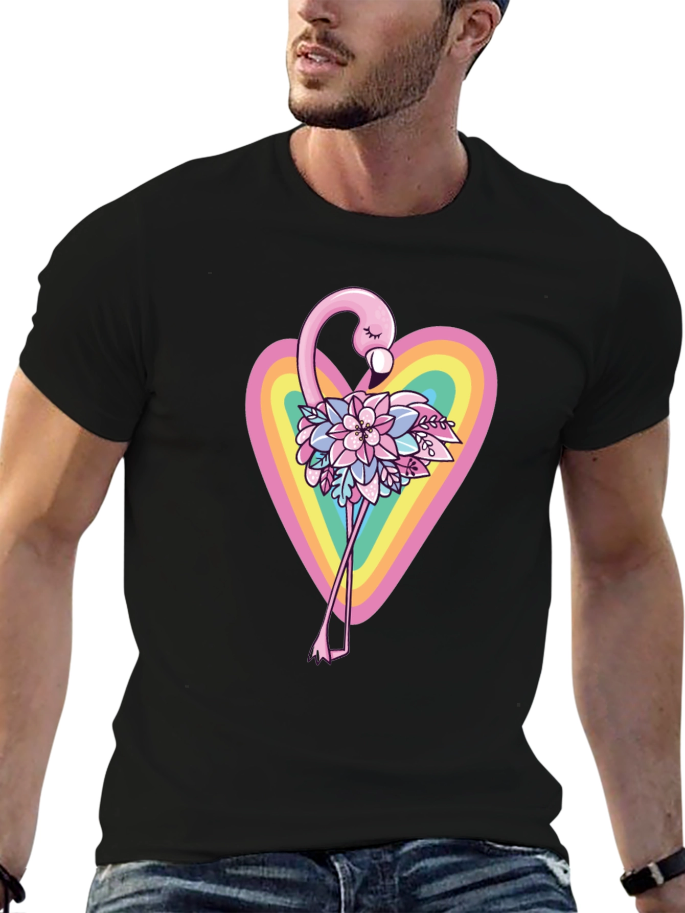 Flamingo Floral Heart Black T-Shirt