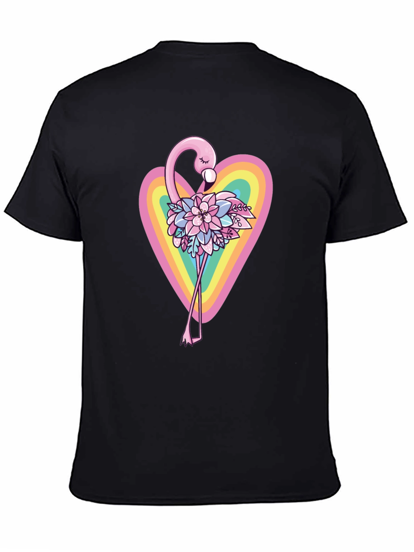 Flamingo Floral Heart Black T-Shirt