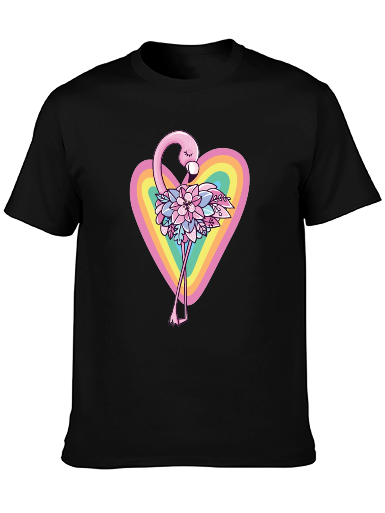Flamingo Floral Heart Black T-Shirt