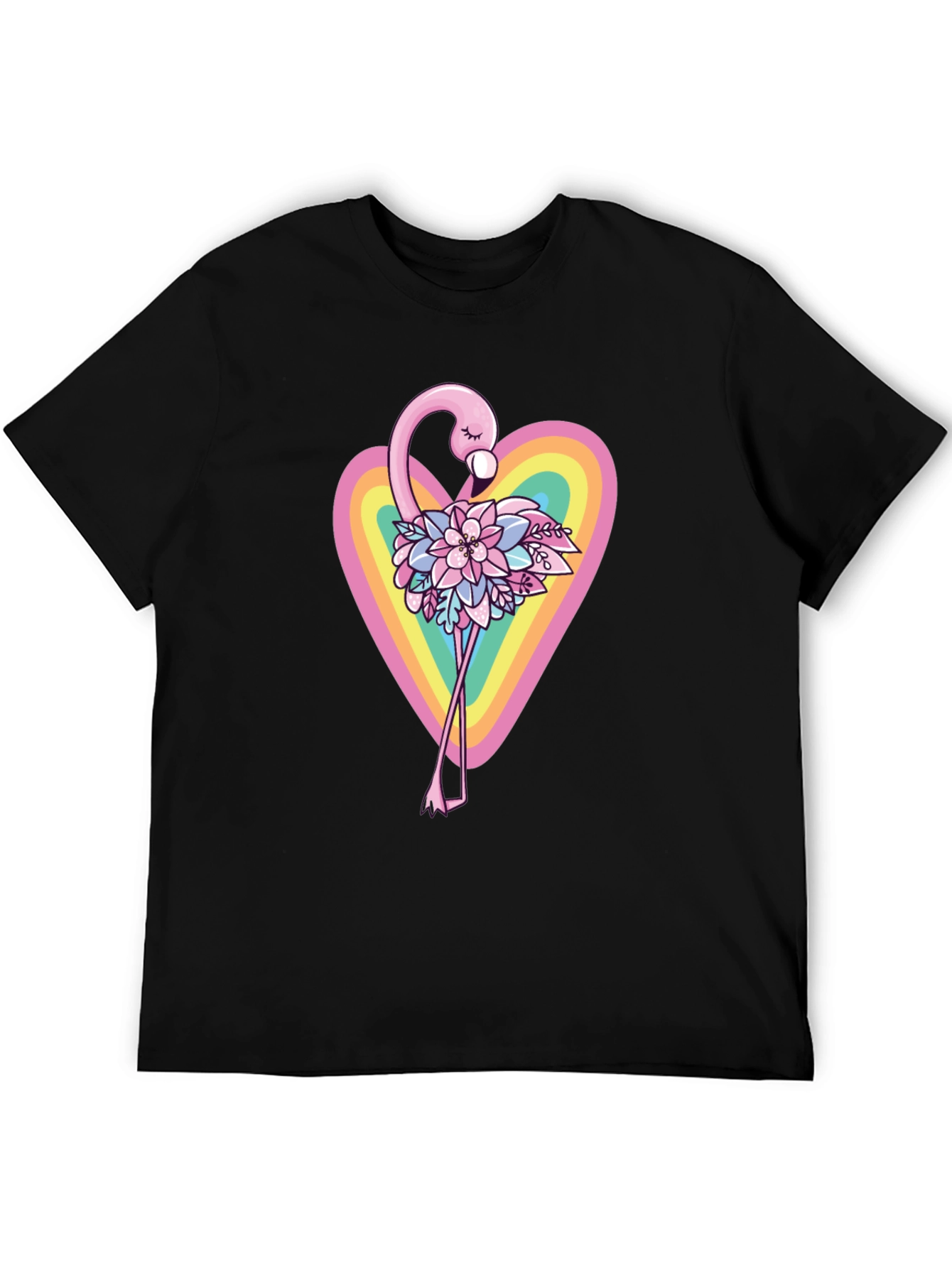 Flamingo Floral Heart Black T-Shirt