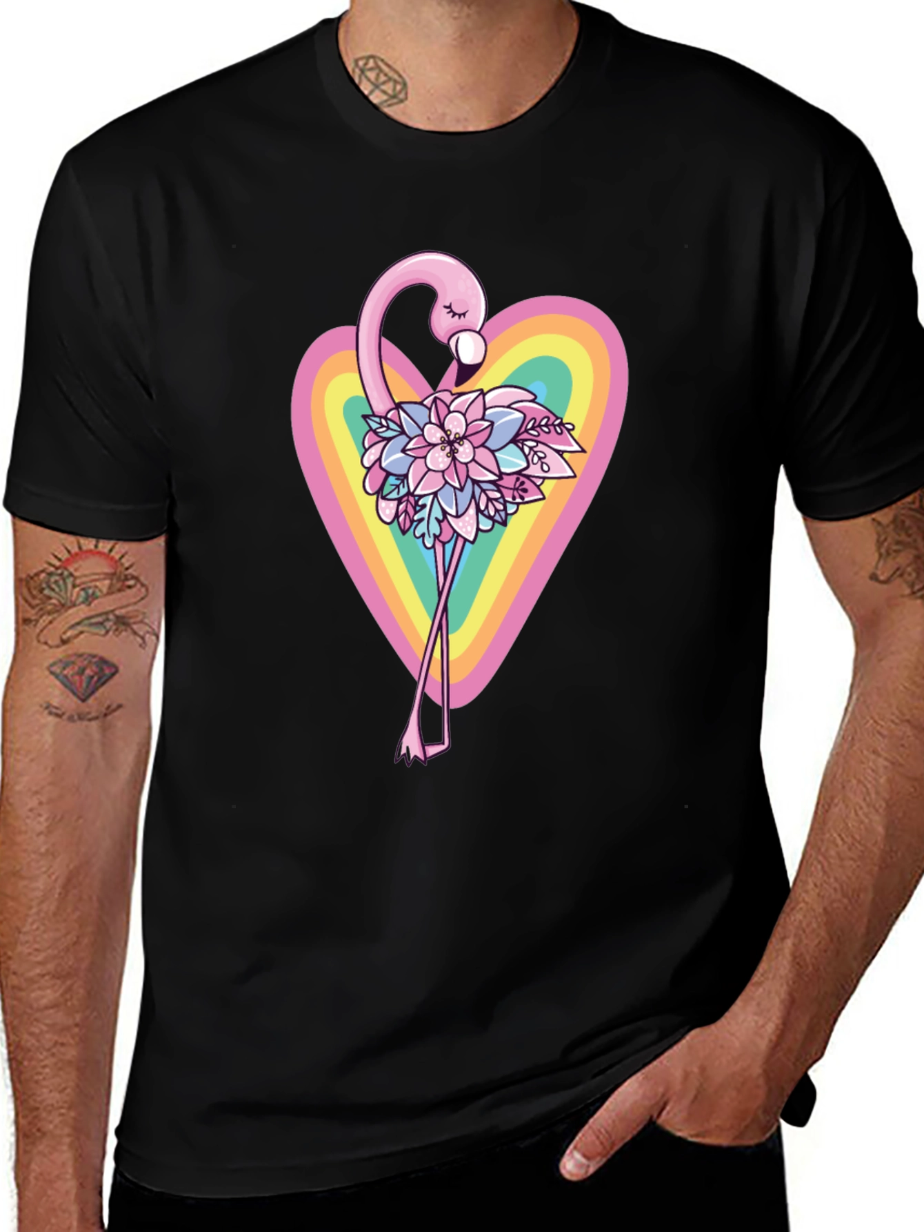 Flamingo Floral Heart Black T-Shirt