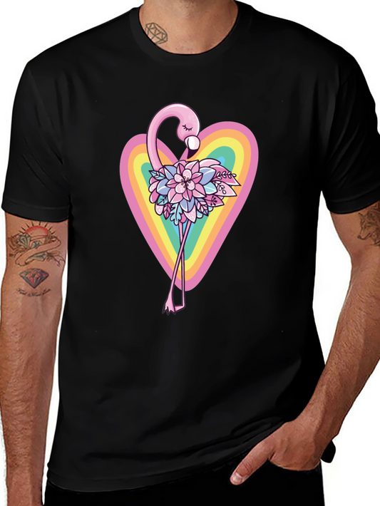Flamingo Floral Heart Black T-Shirt