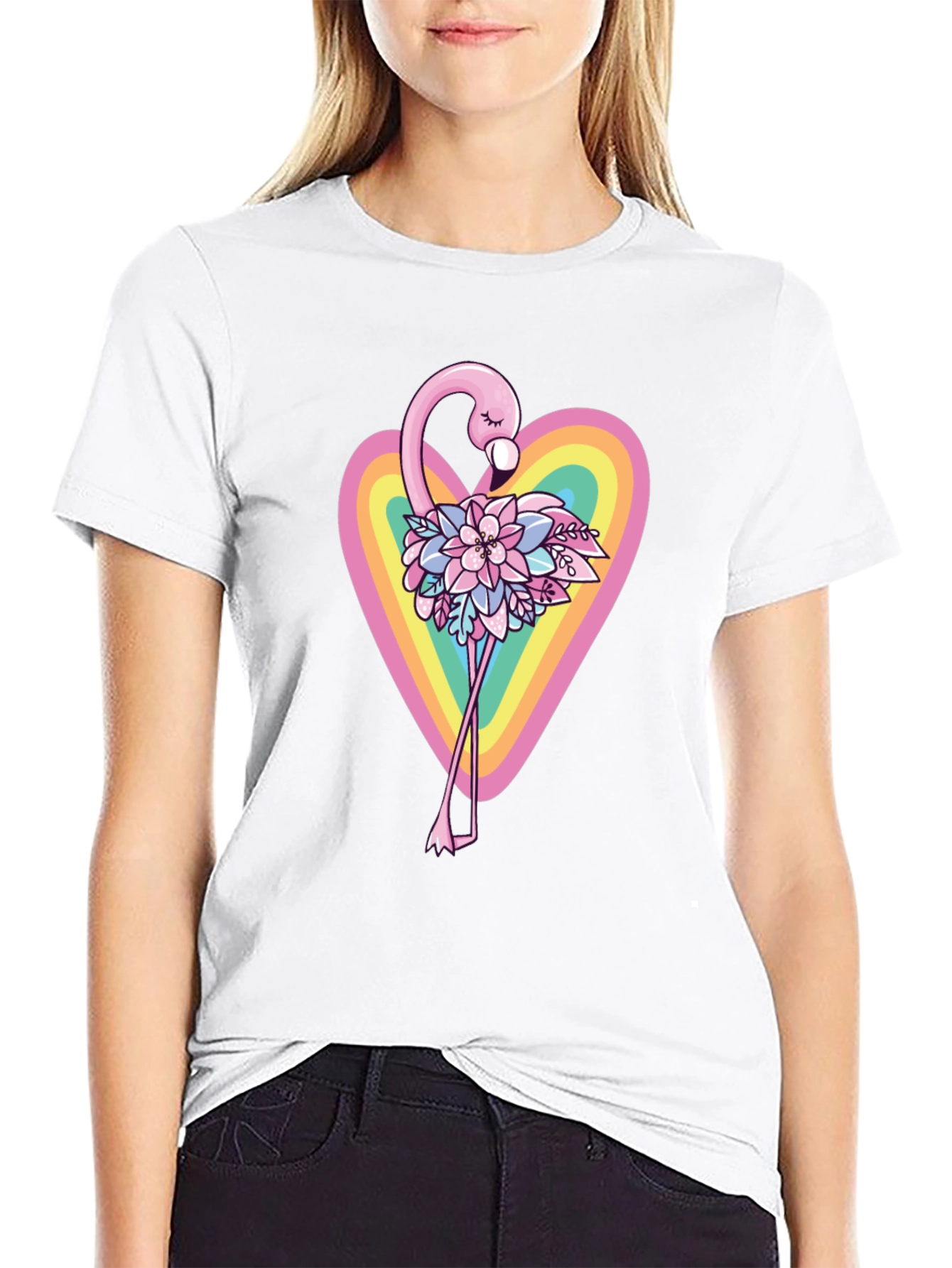 Flamingo Floral Heart Black T-Shirt