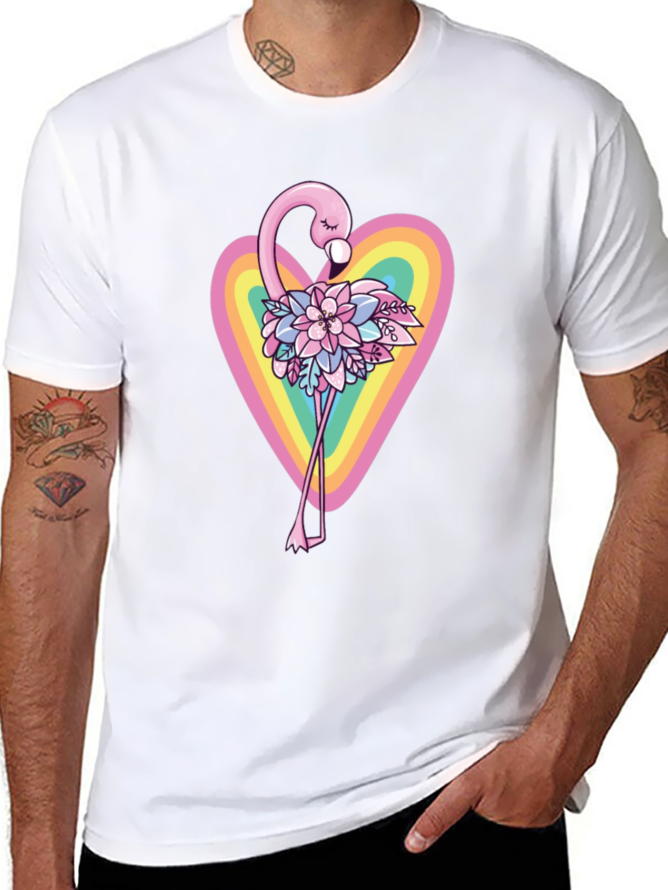 Flamingo Floral Heart Black T-Shirt