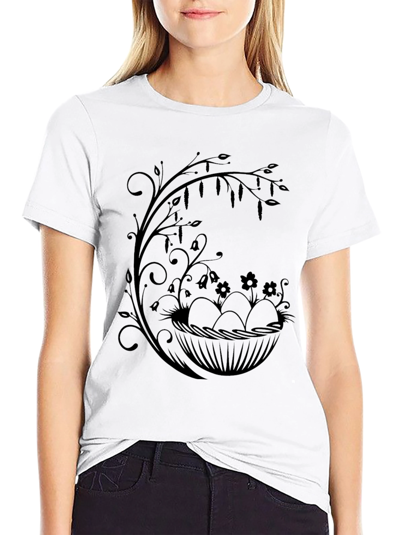 Floral Easter Egg Nest Graphic Tee - Black