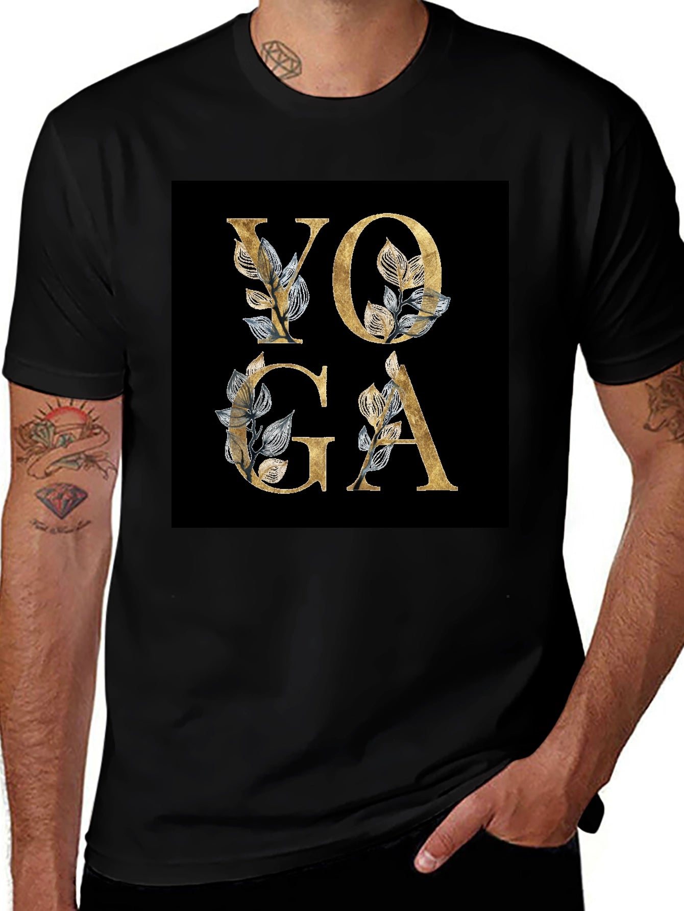 Yoga Floral Design Black T-Shirt