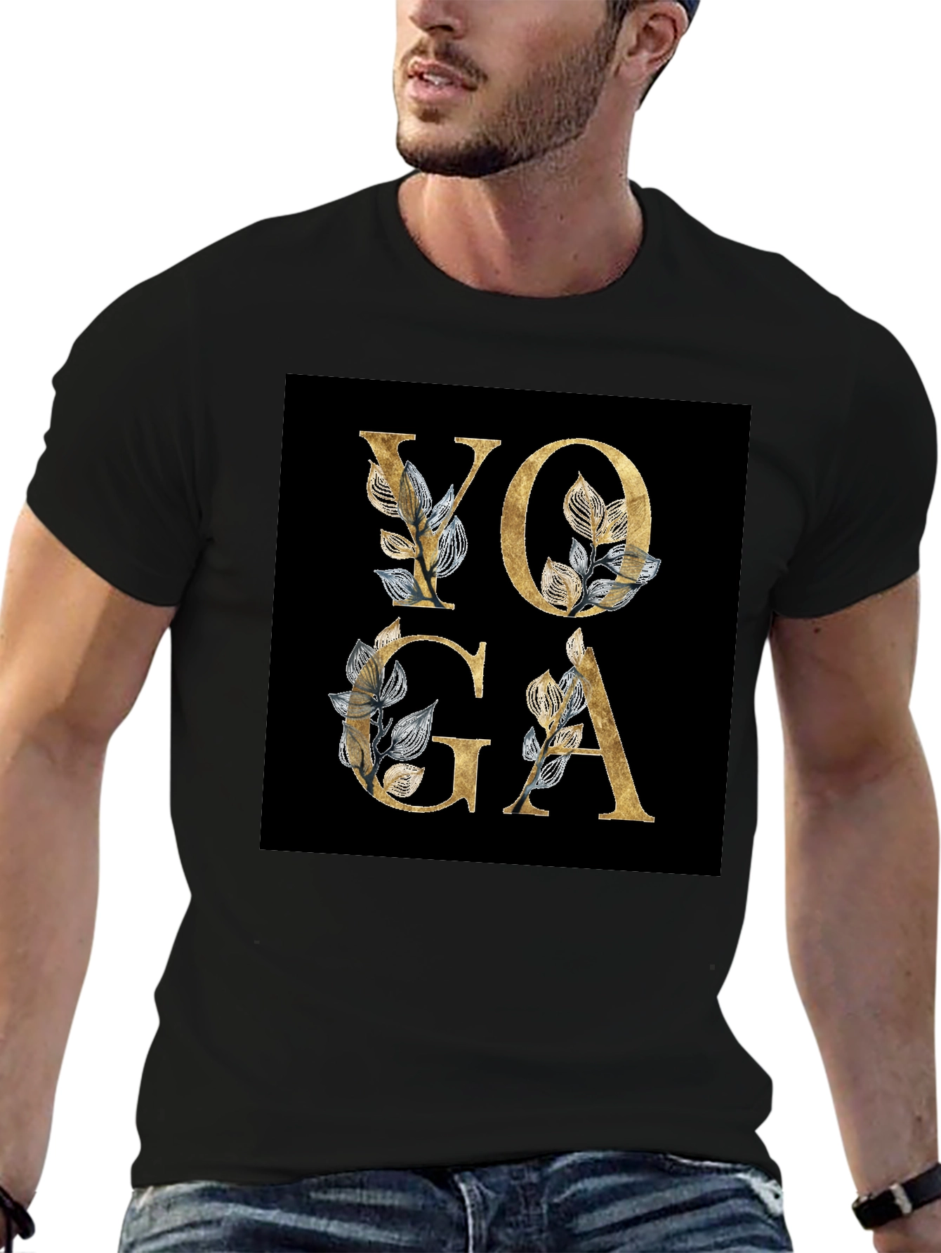 Yoga Floral Design Black T-Shirt