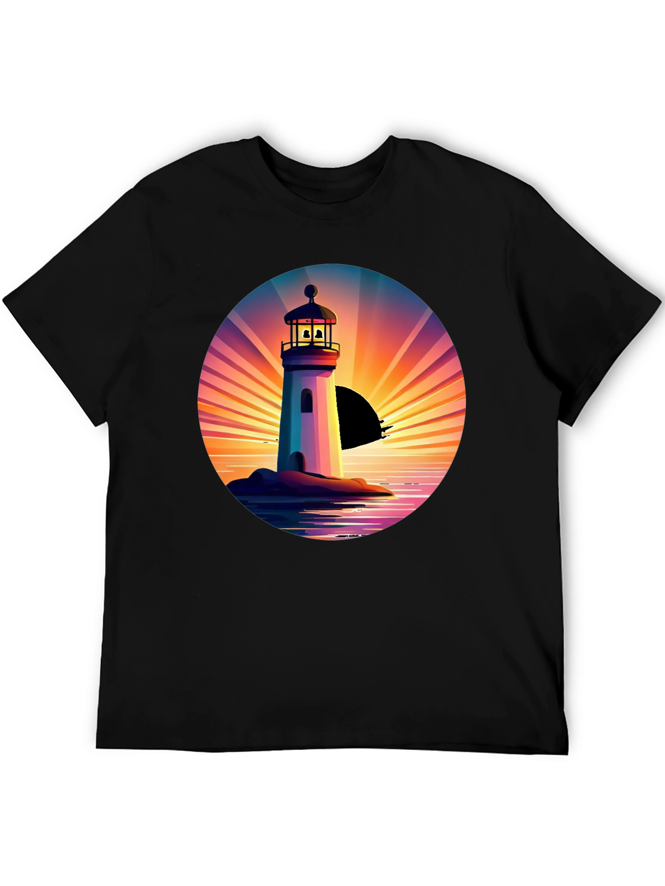 Lighthouse Sunset Graphic Tee - Stylish Mens Black T-Shirt