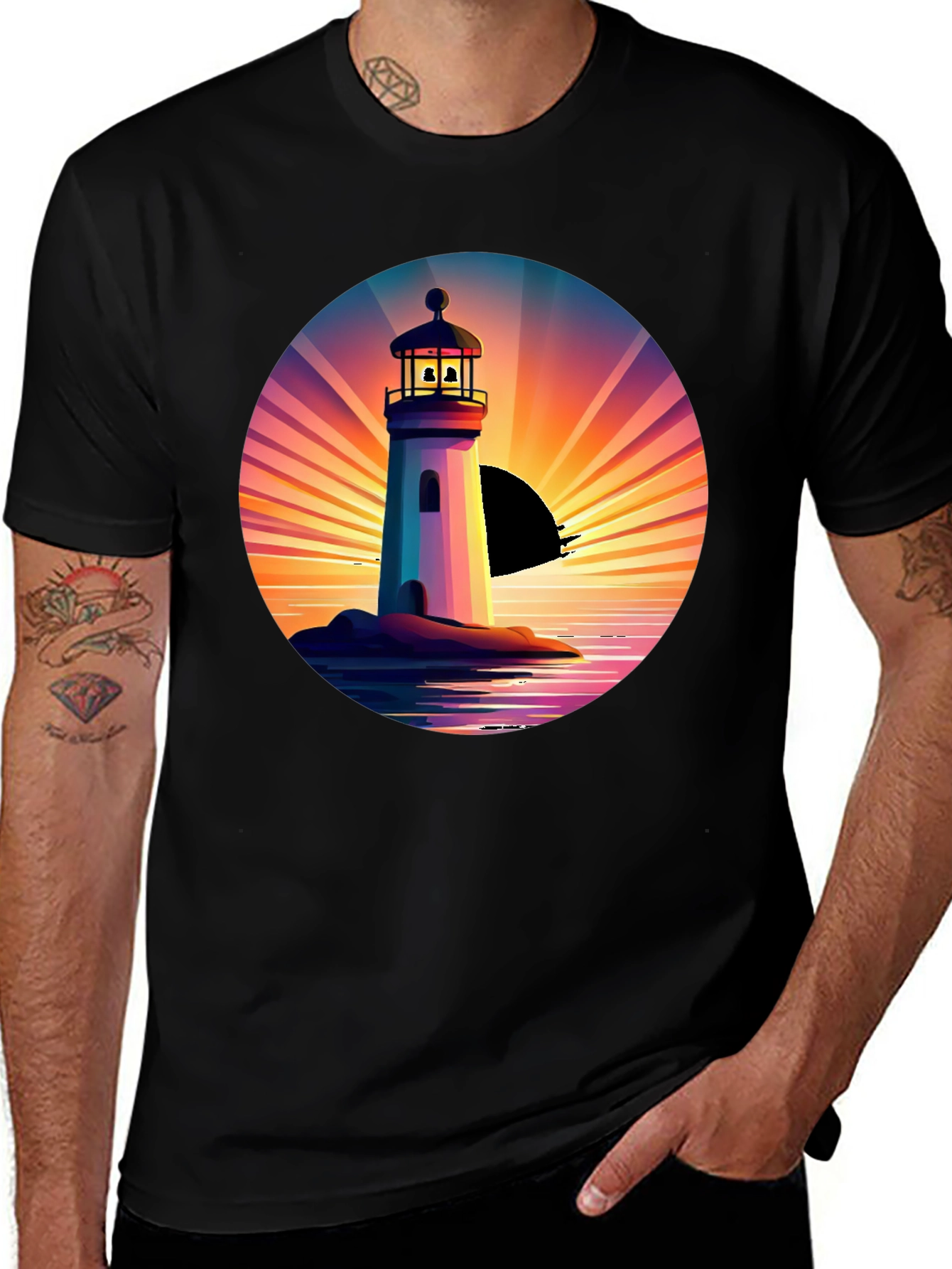 Lighthouse Sunset Graphic Tee - Stylish Mens Black T-Shirt