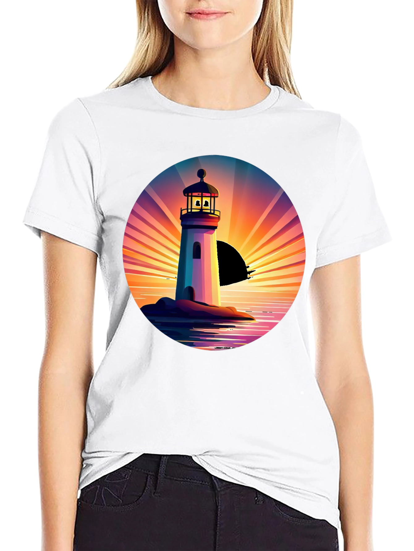 Lighthouse Sunset Graphic Tee - Stylish Mens Black T-Shirt