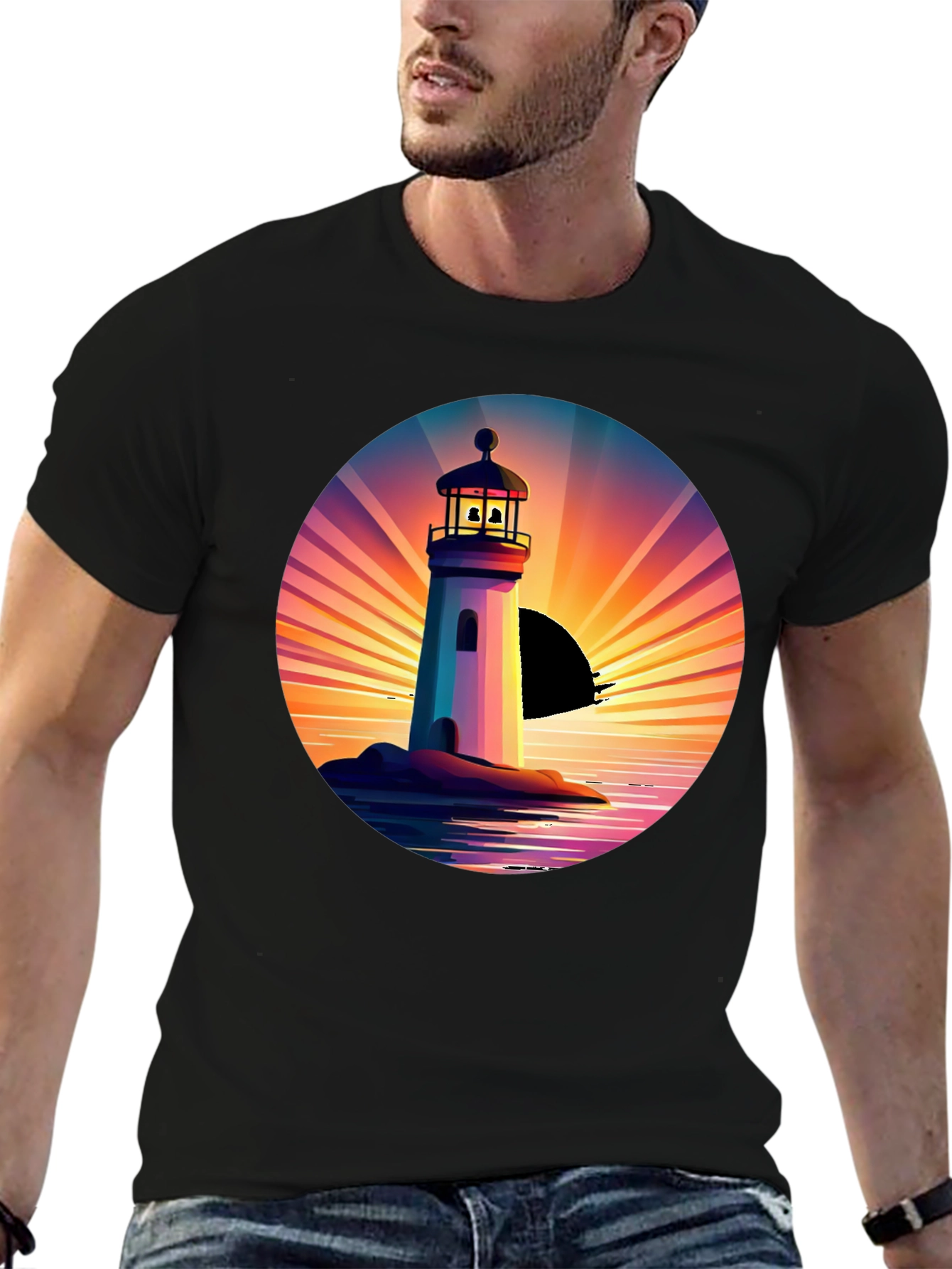 Lighthouse Sunset Graphic Tee - Stylish Mens Black T-Shirt