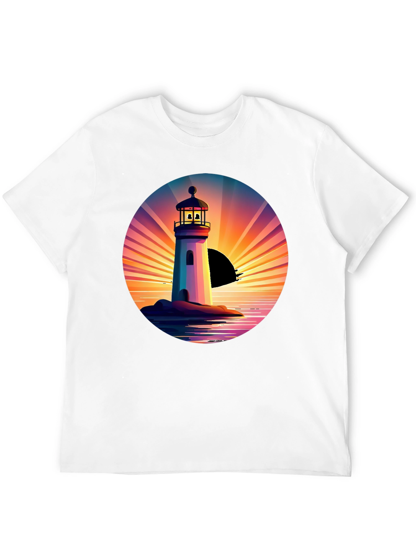 Lighthouse Sunset Graphic Tee - Stylish Mens Black T-Shirt