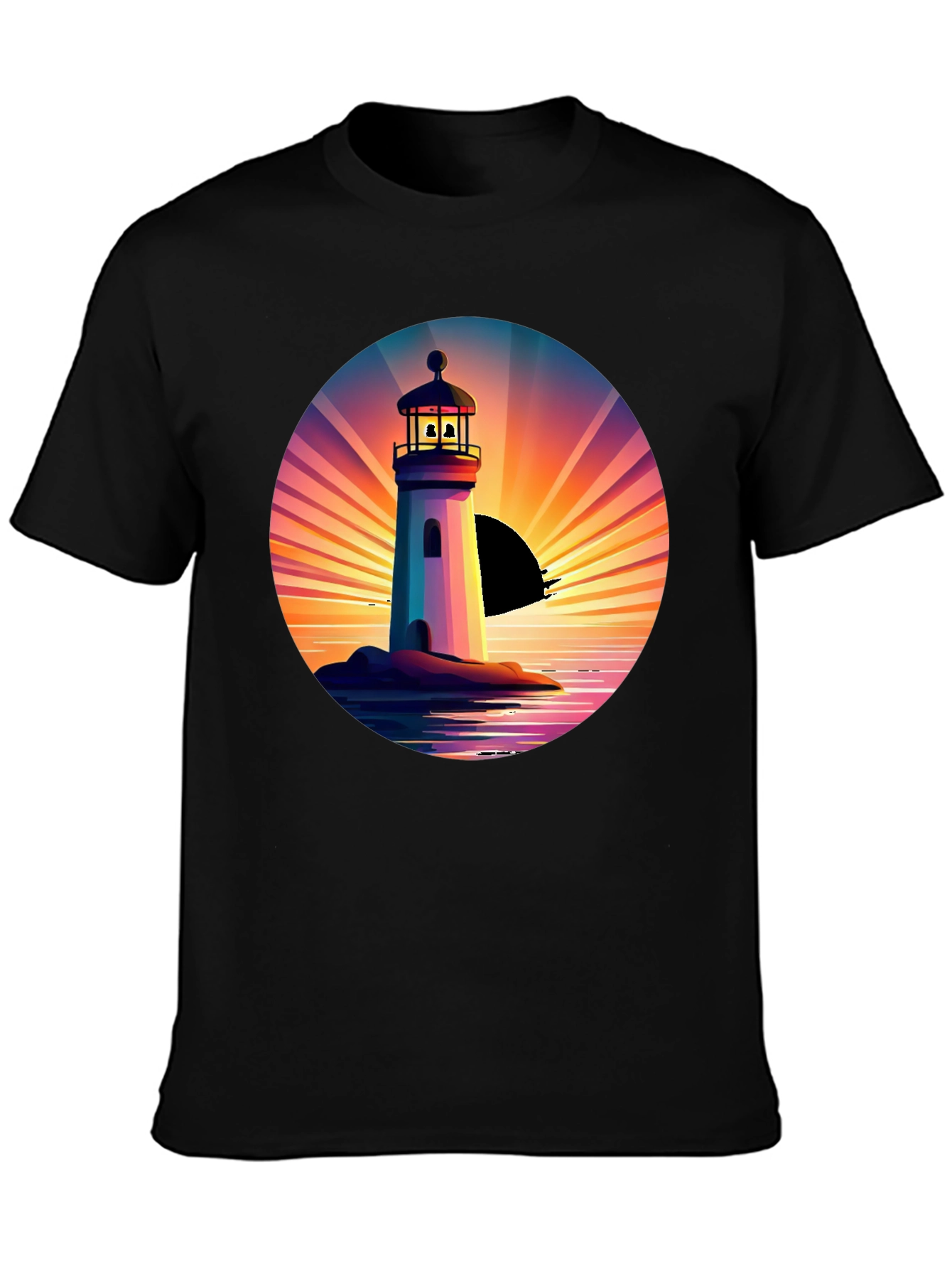 Lighthouse Sunset Graphic Tee - Stylish Mens Black T-Shirt