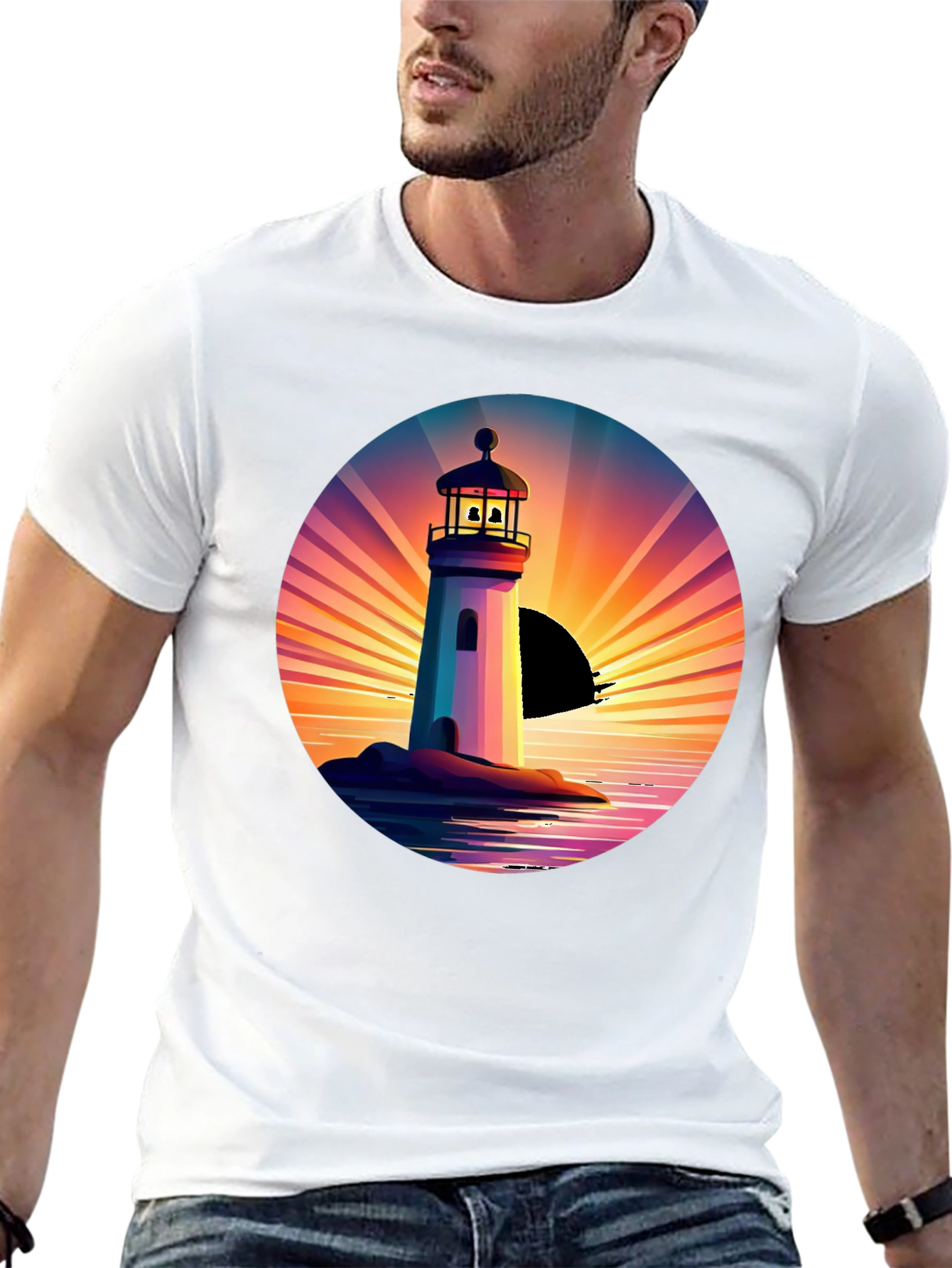Lighthouse Sunset Graphic Tee - Stylish Mens Black T-Shirt