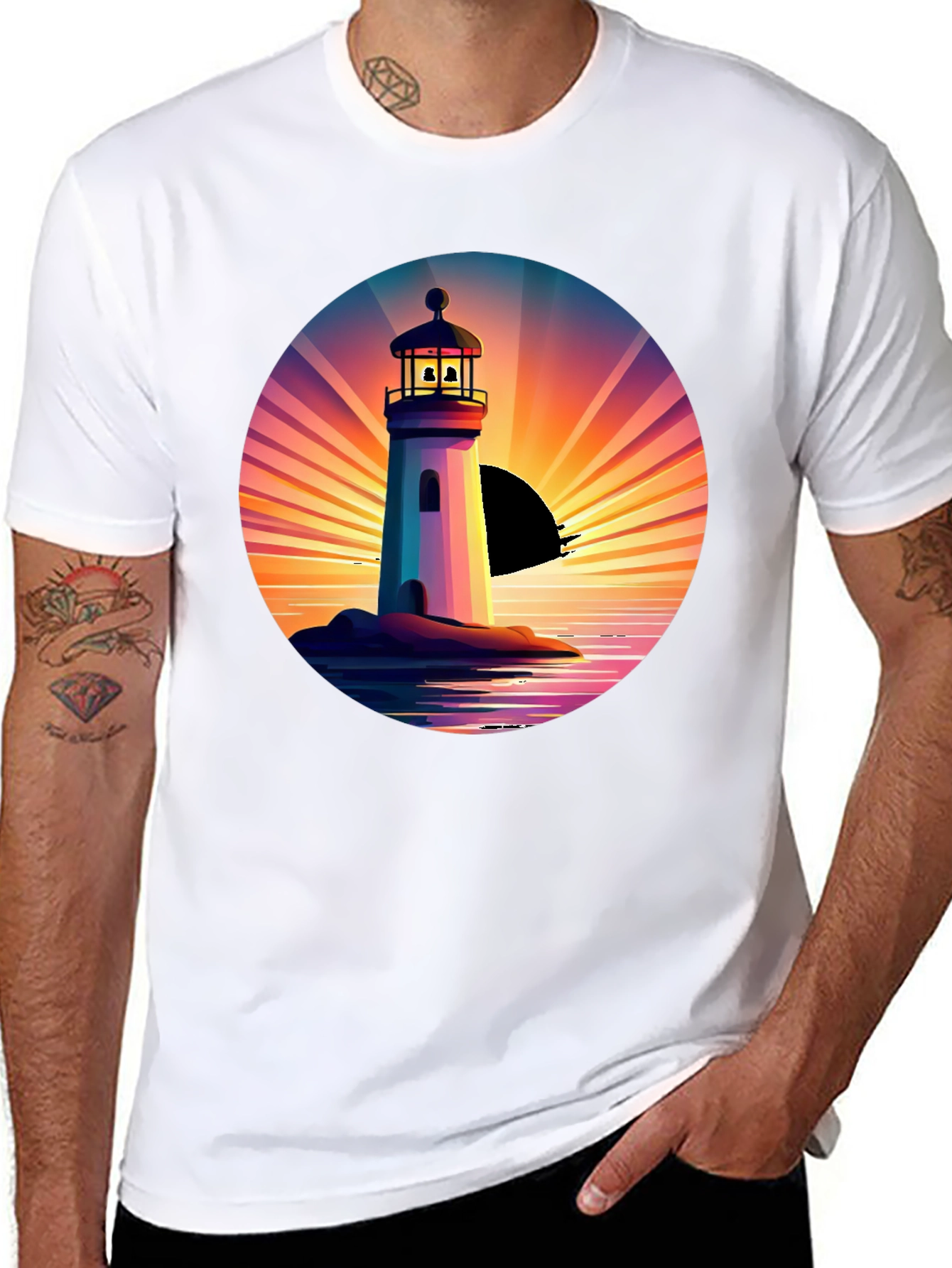 Lighthouse Sunset Graphic Tee - Stylish Mens Black T-Shirt