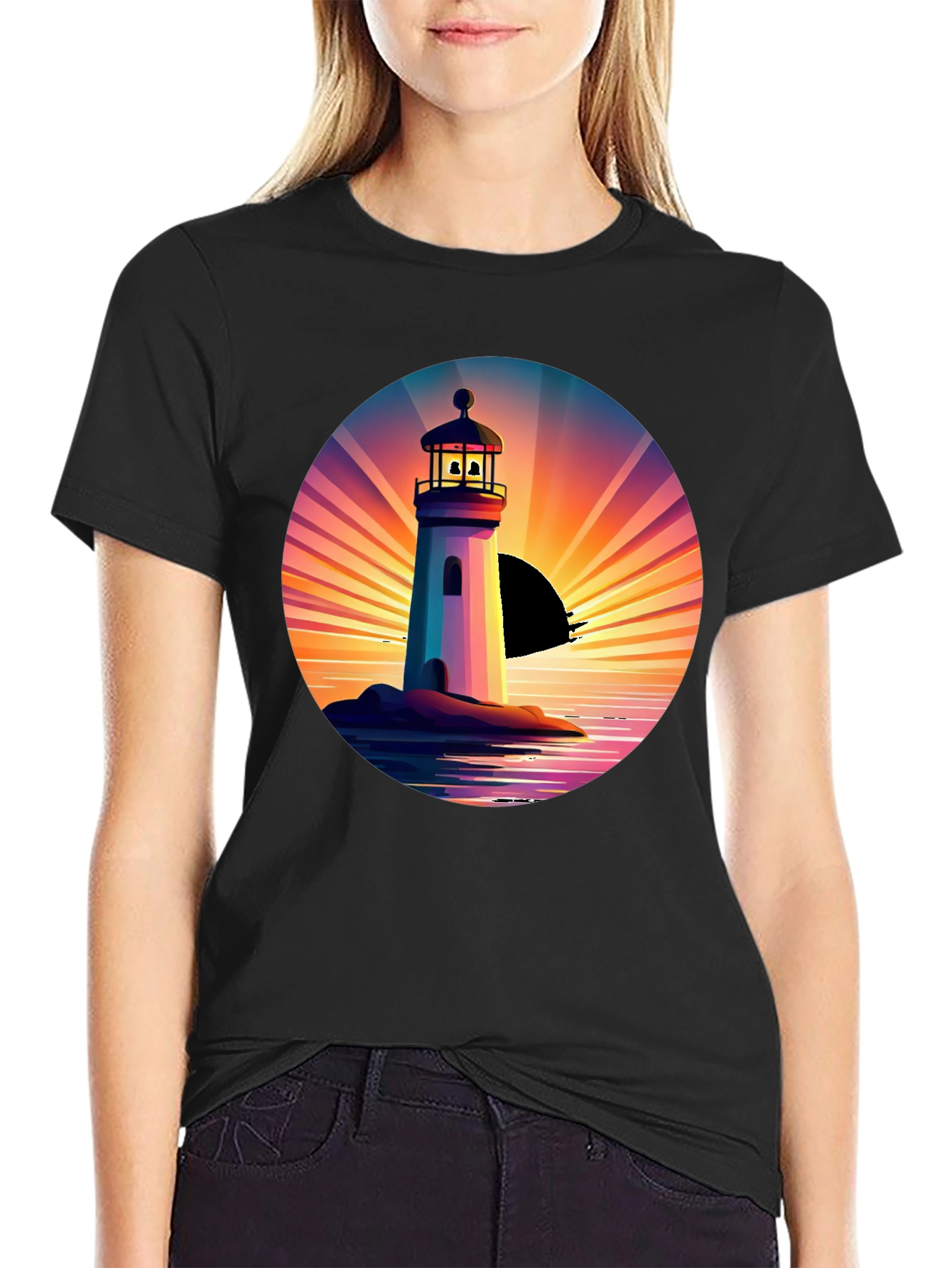 Lighthouse Sunset Graphic Tee - Stylish Mens Black T-Shirt