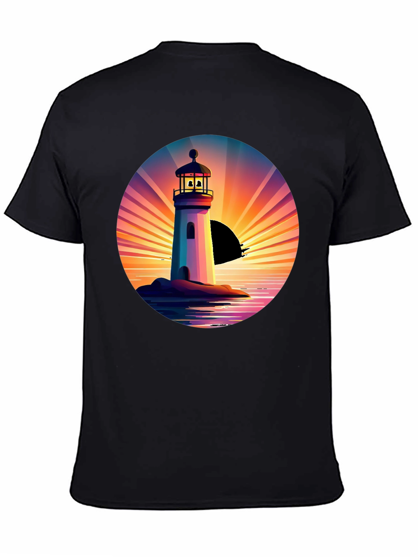 Lighthouse Sunset Graphic Tee - Stylish Mens Black T-Shirt