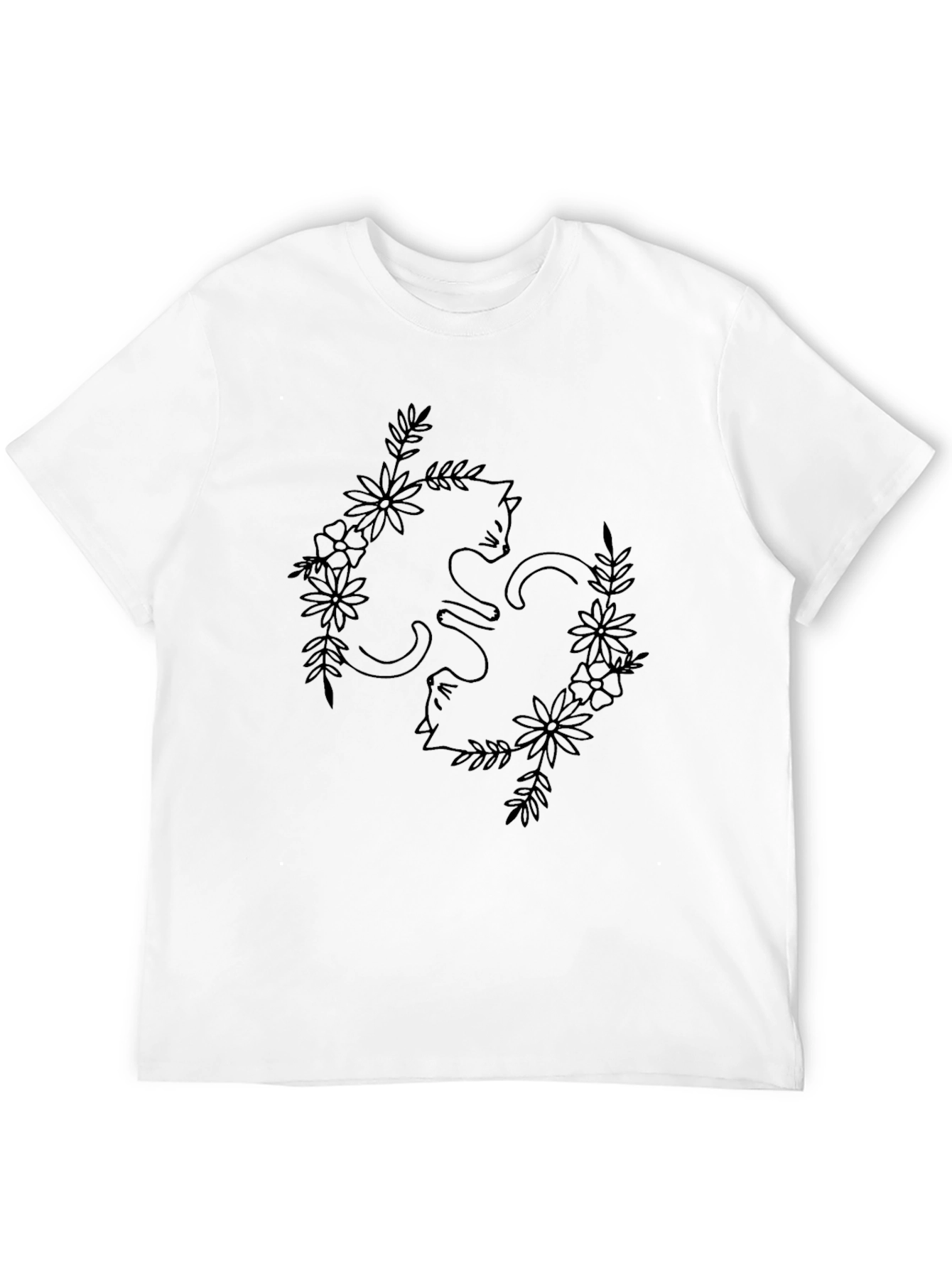 Floral Cat T-Shirt - Black Line Art Design