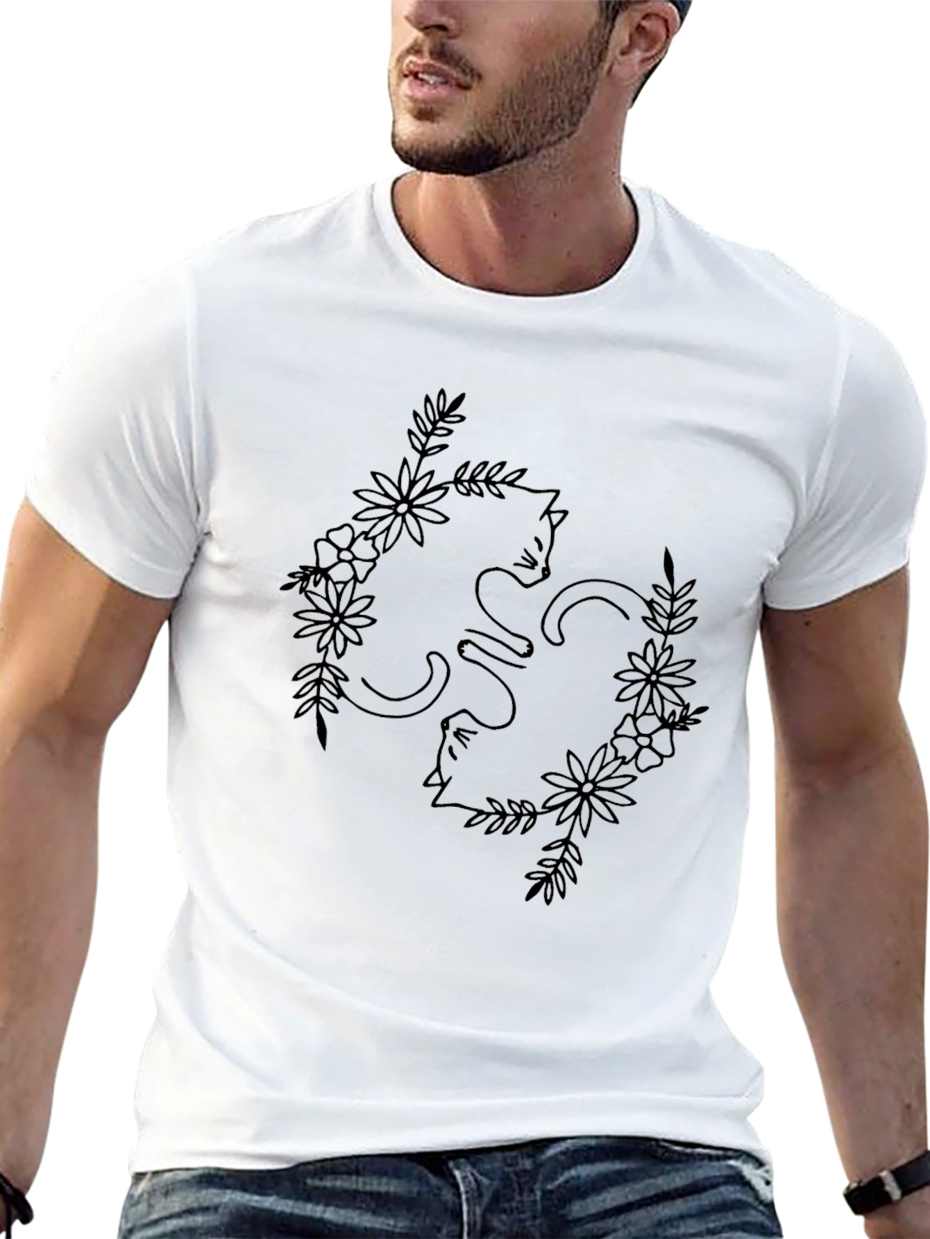 Floral Cat T-Shirt - Black Line Art Design