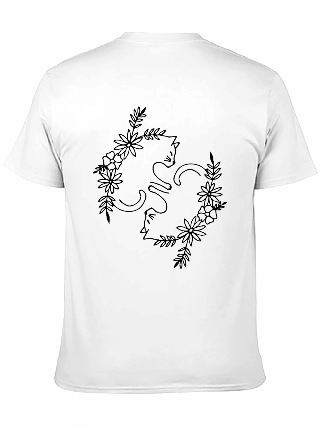 Floral Cat T-Shirt - Black Line Art Design