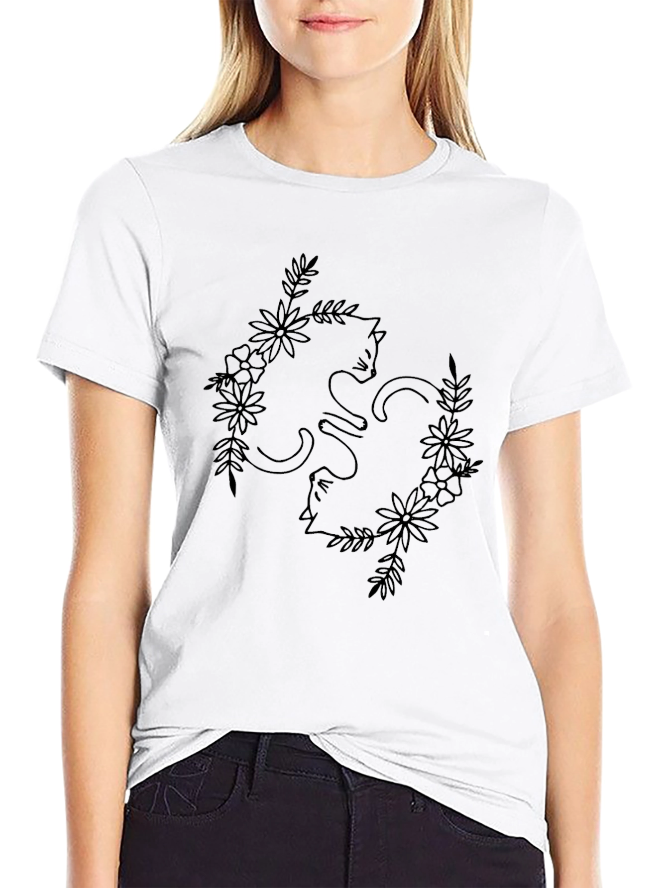 Floral Cat T-Shirt - Black Line Art Design