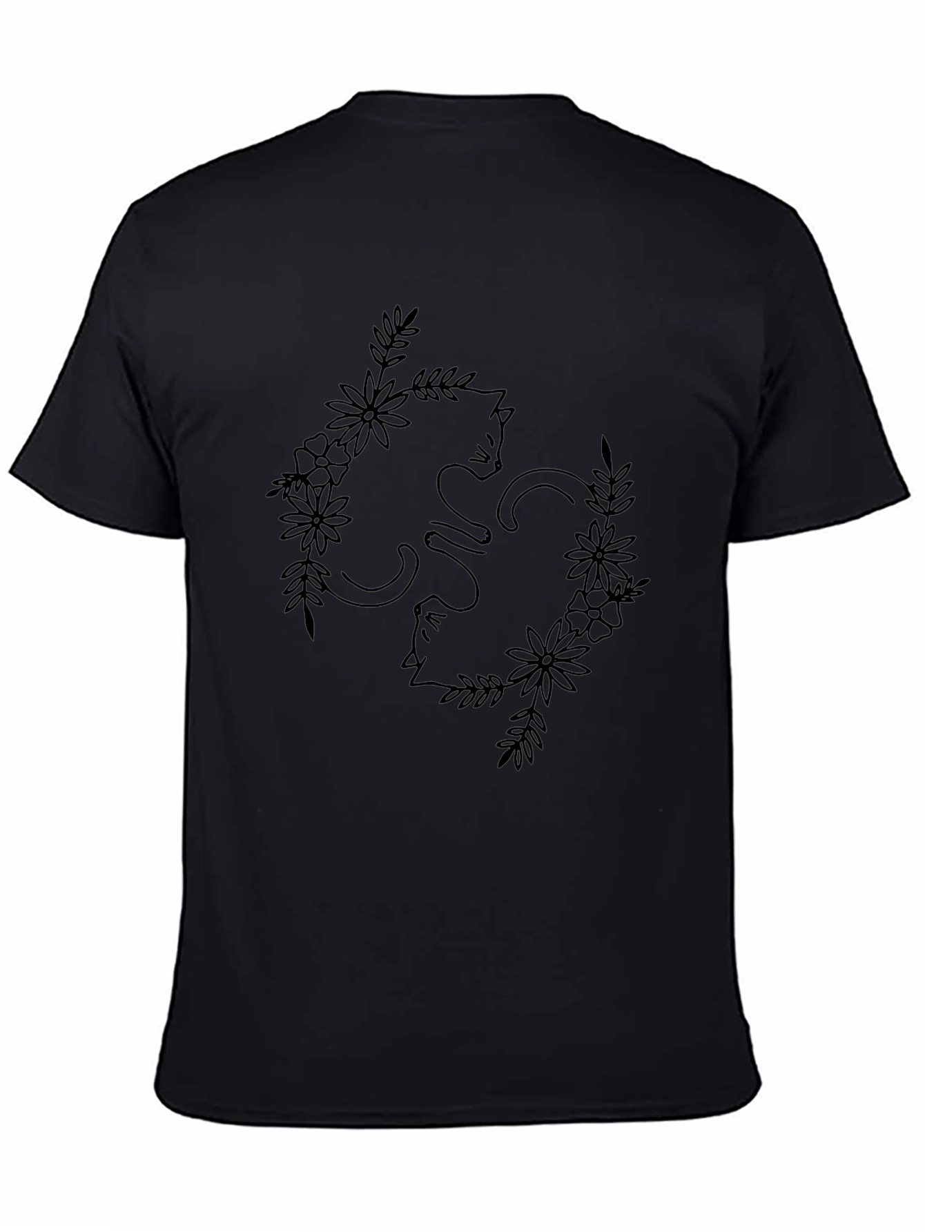 Floral Cat T-Shirt - Black Line Art Design
