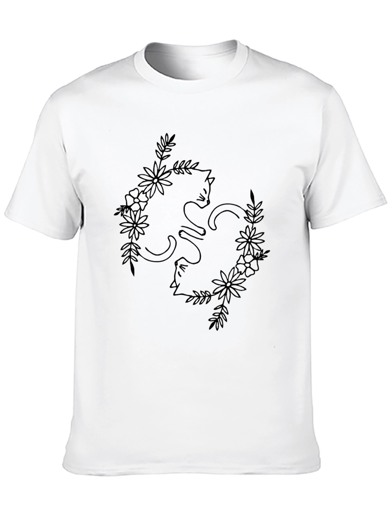 Floral Cat T-Shirt - Black Line Art Design