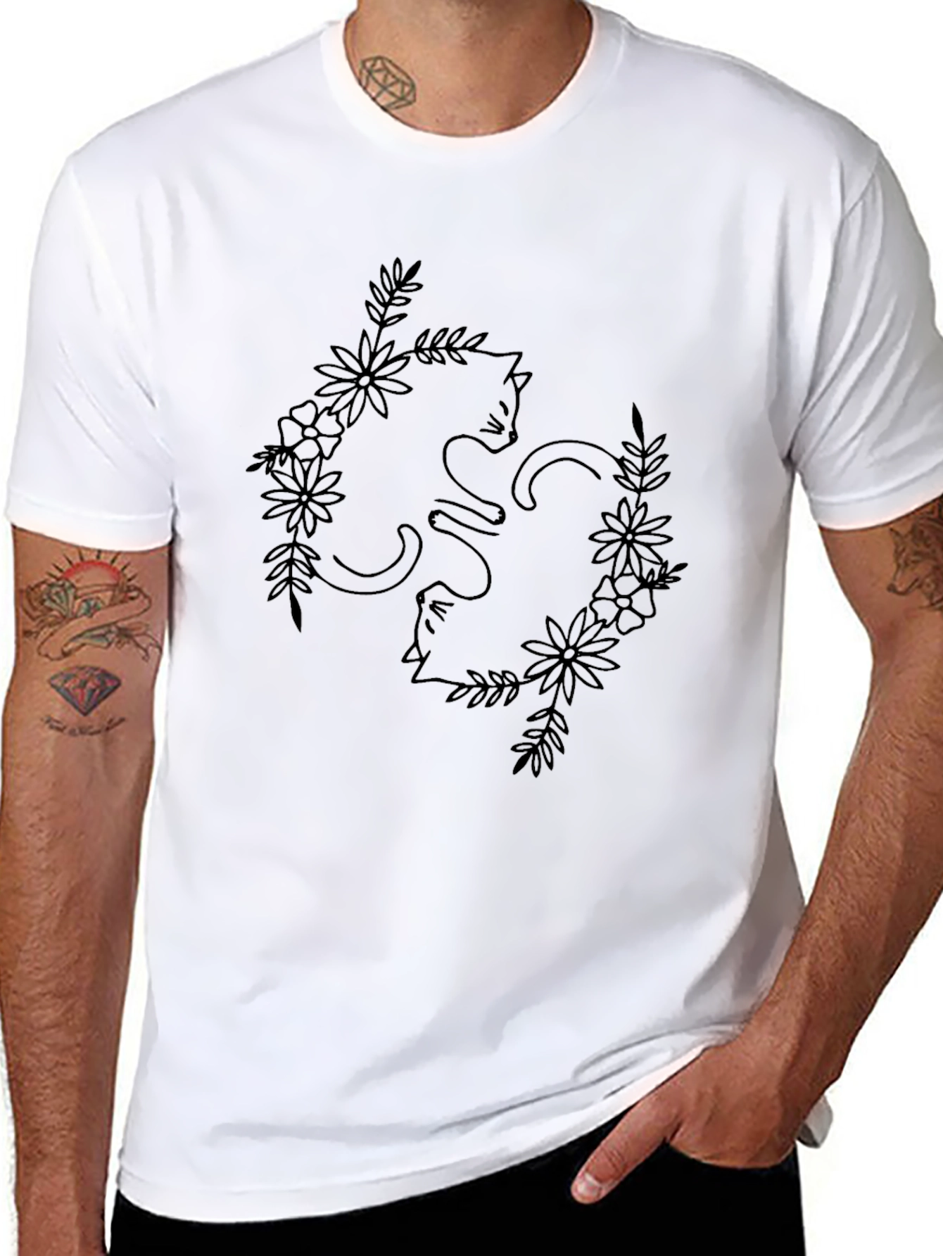 Floral Cat T-Shirt - Black Line Art Design