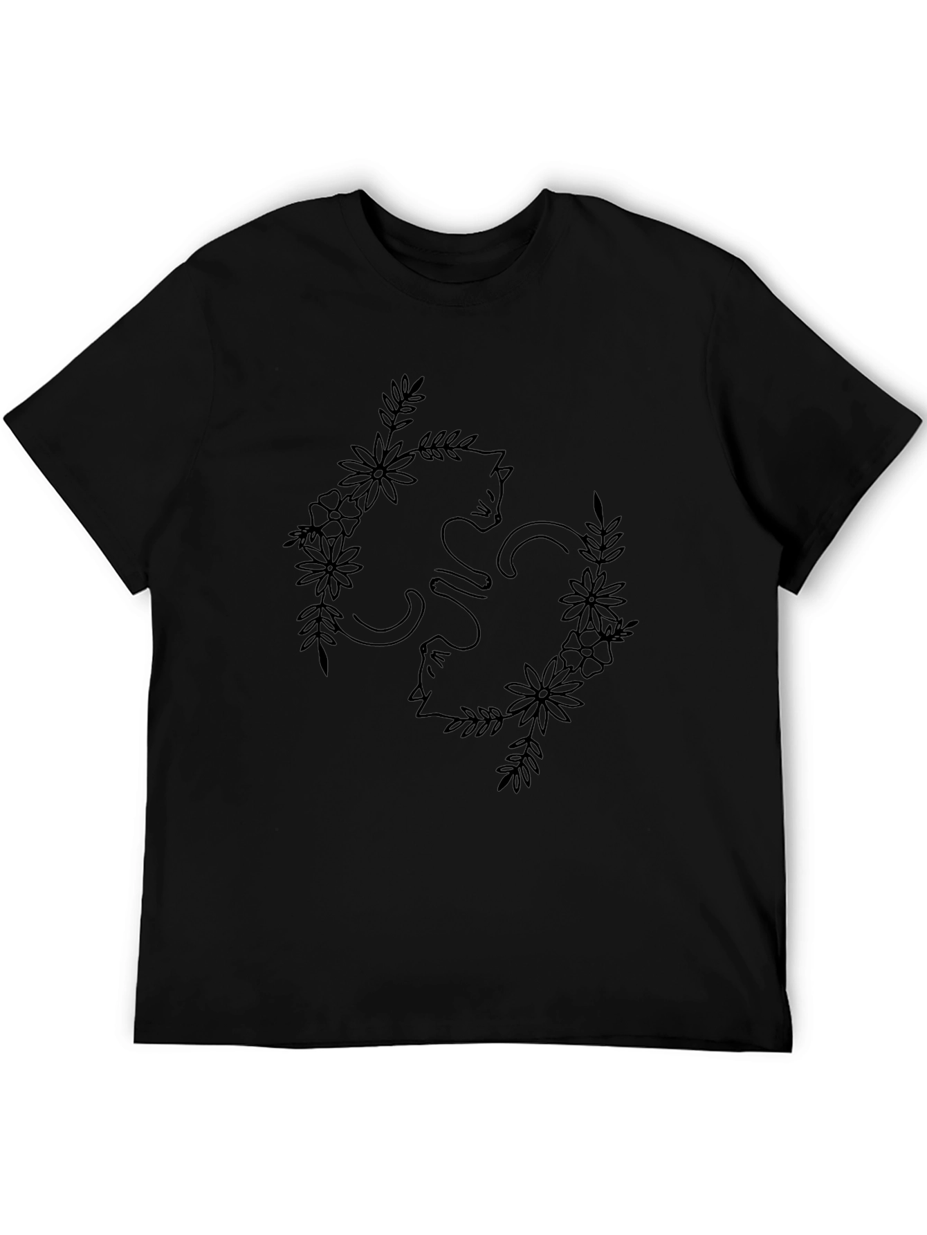 Floral Cat T-Shirt - Black Line Art Design