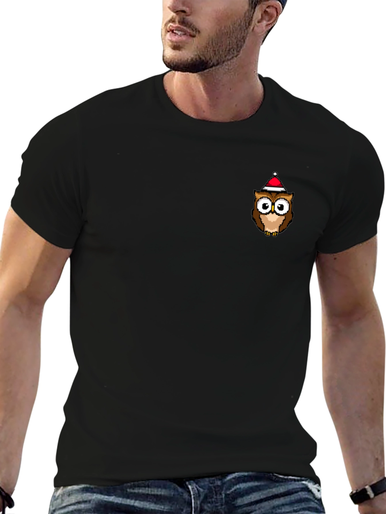 Festive Owl Graphic Tee - Black Cotton T-Shirt