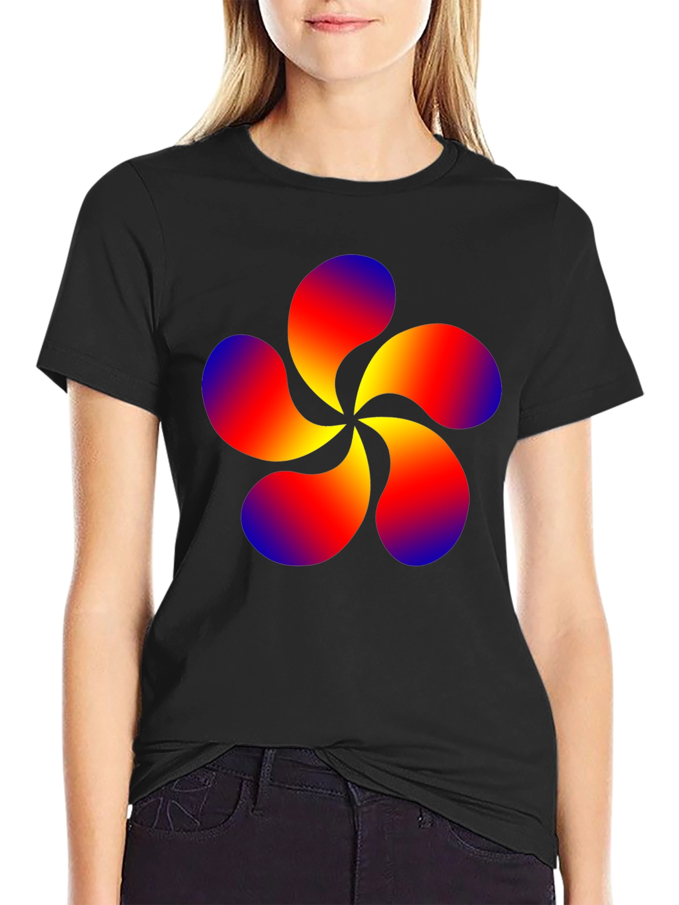 Abstract Swirl Flower Graphic Black T-Shirt